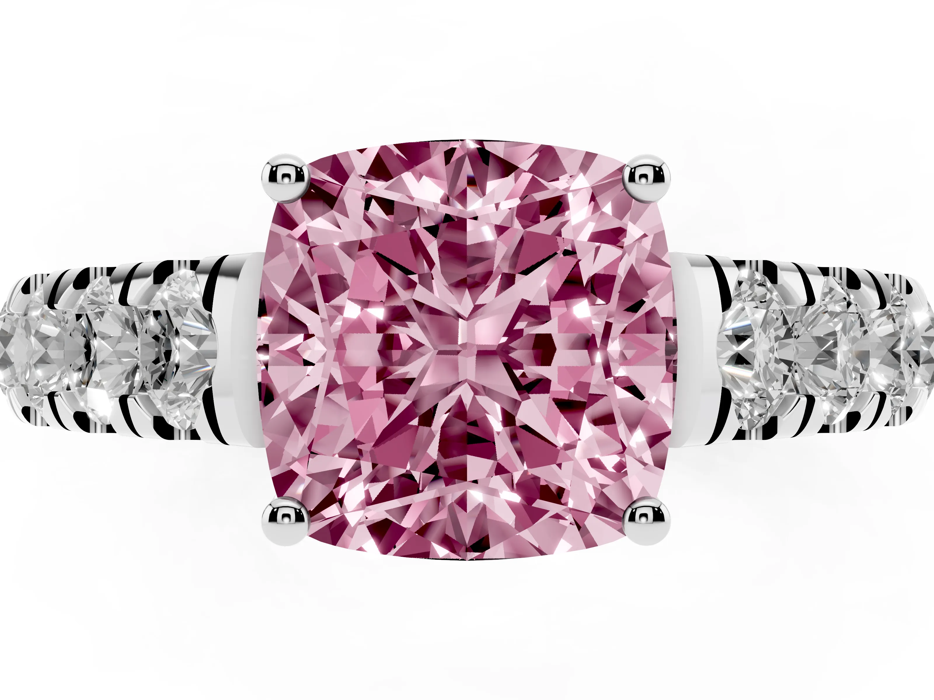 Fancy Pink Cushion Cut Diamond Solitaire Ring Set in Platinum with Cut-Down Micro Pavé Band and Prong Setting