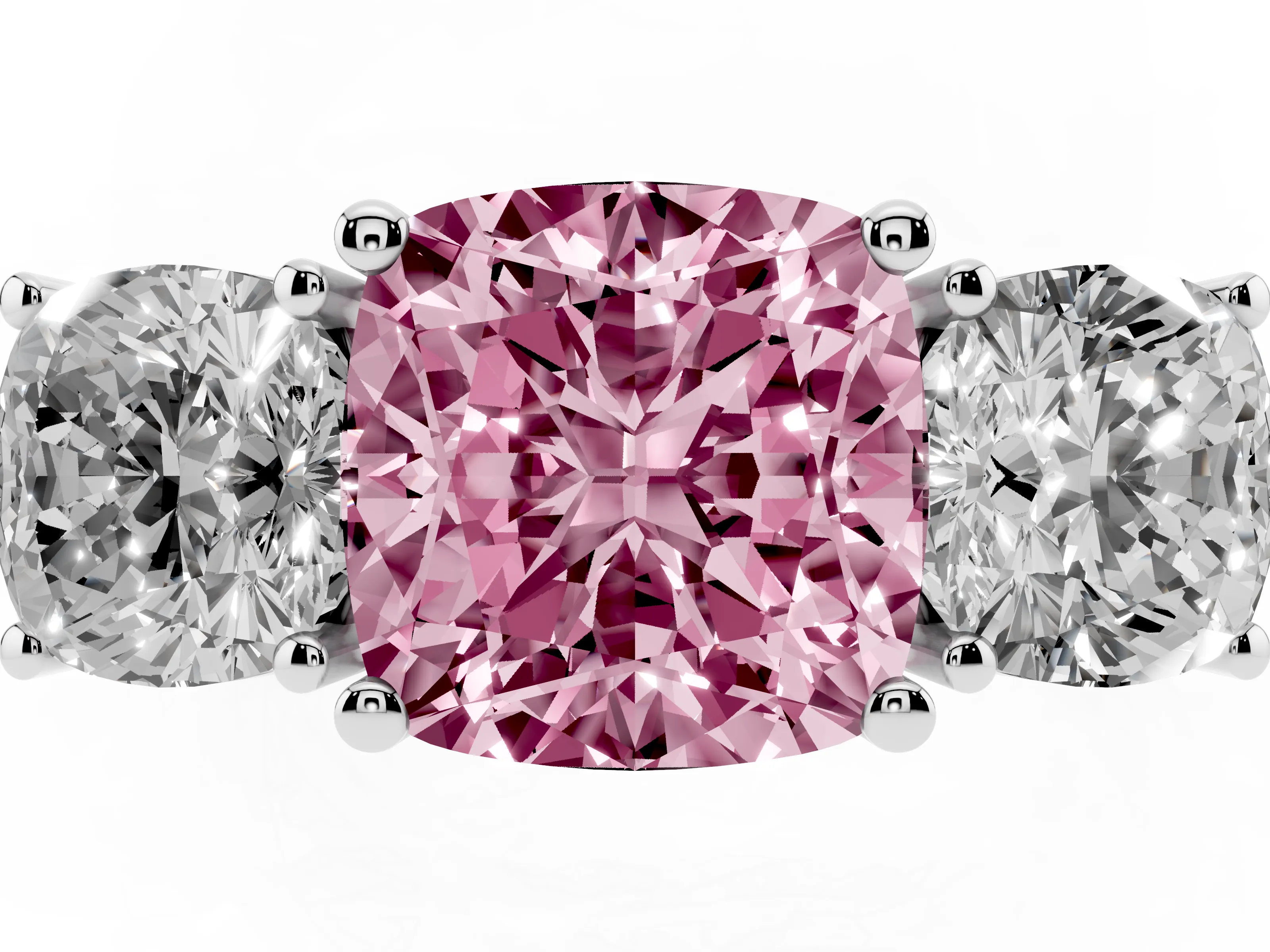 Fancy Pink Cushion Cut Diamond Three-Stone Engagement Ring Set in Silver with Flat Band