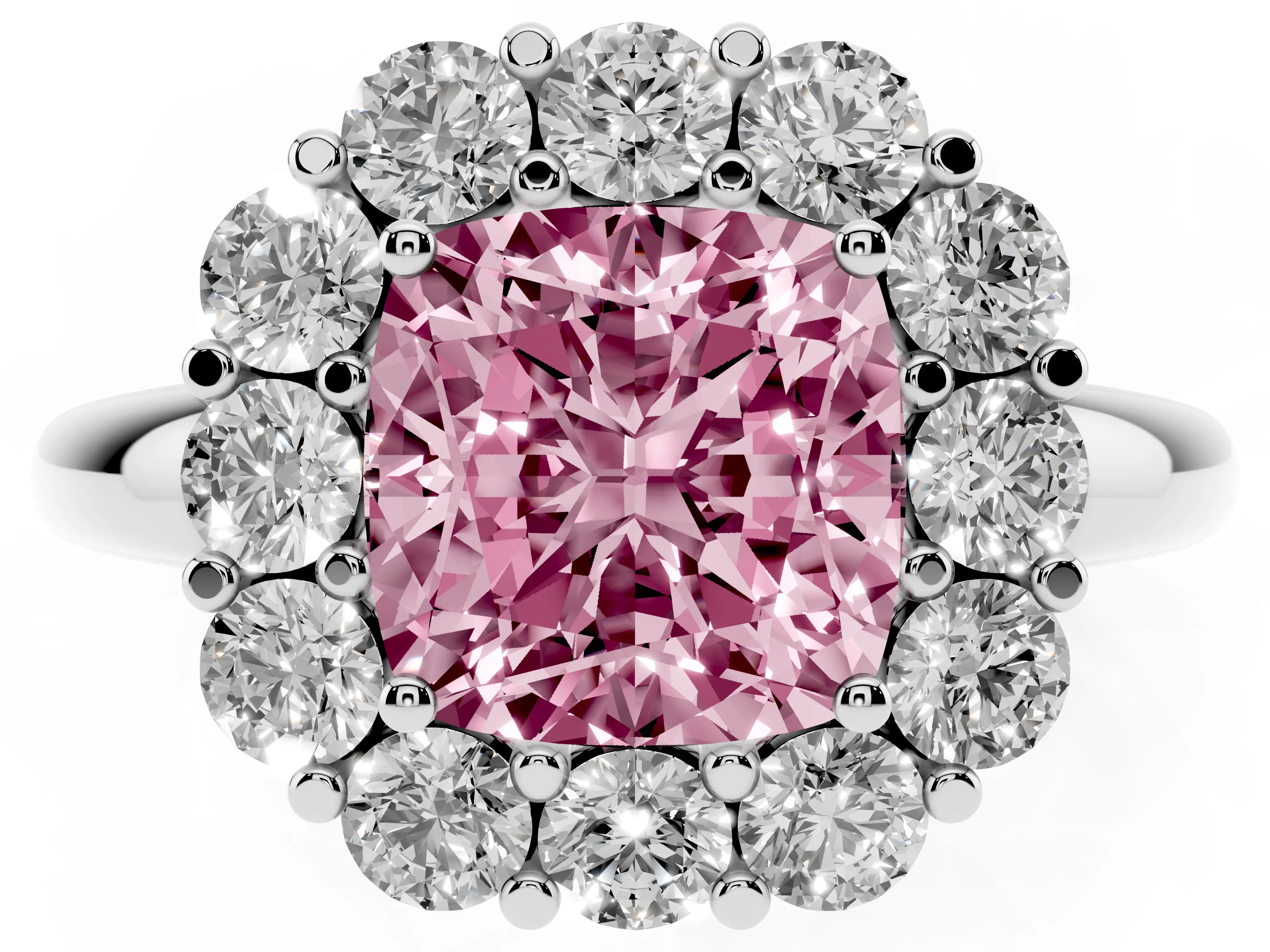 Fancy Pink Cushion Cut Diamond Halo Cluster Engagement Ring Set in White gold with Polished Band and Prong Setting