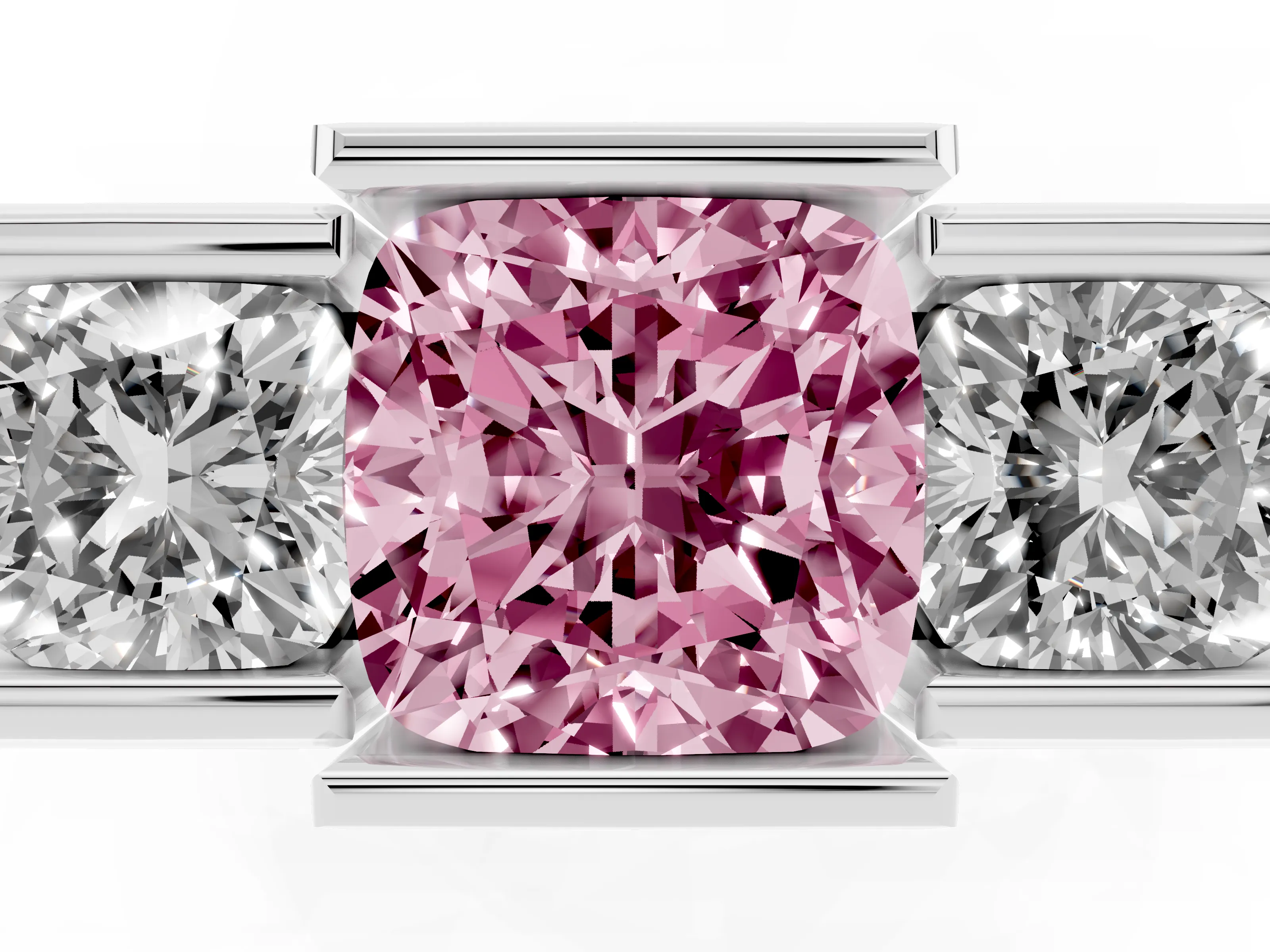 Fancy Pink Cushion Cut Diamond Three-Stone Channel Set Ring Set in Platinum with Smooth Polished Band