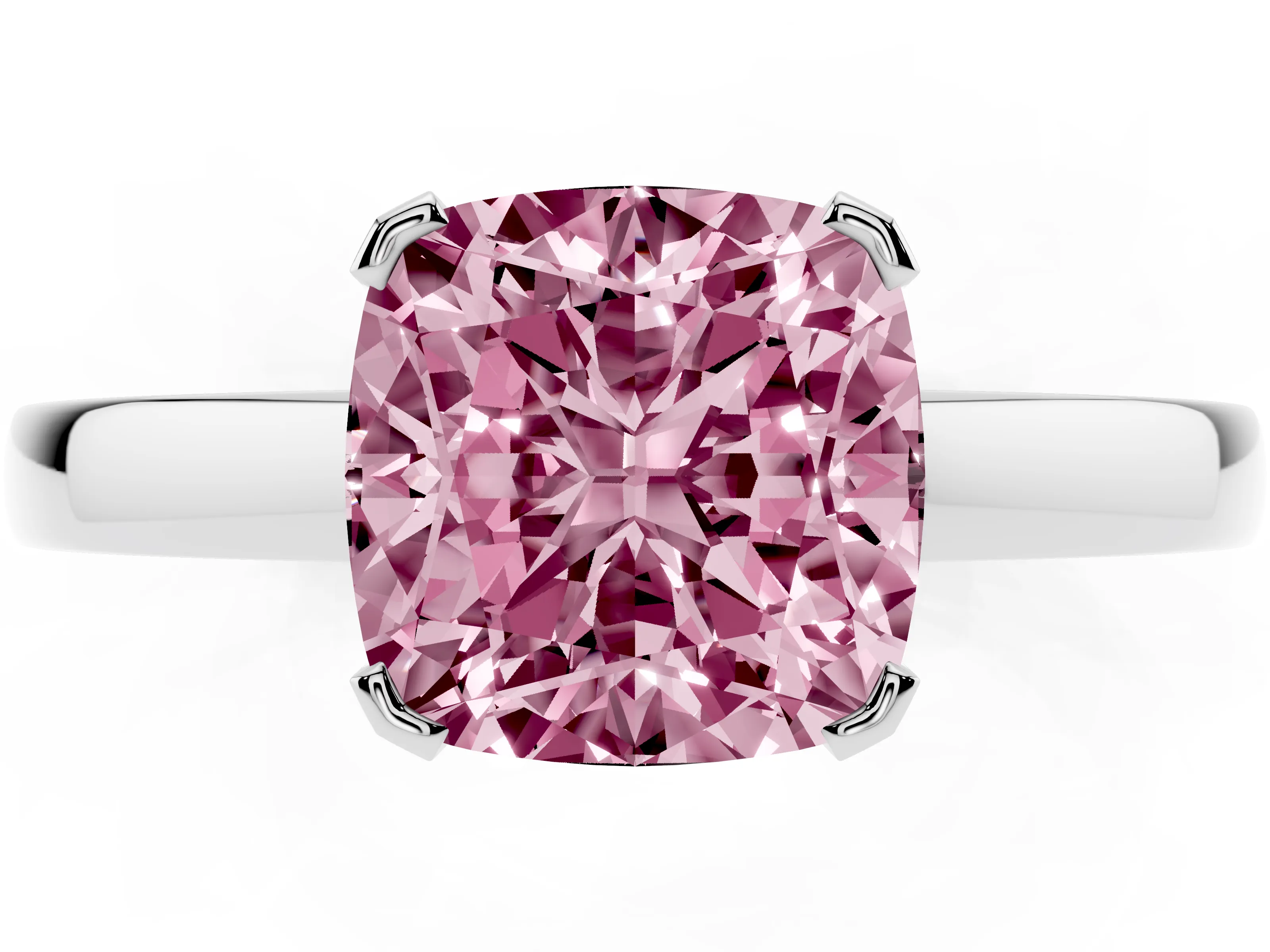 Fancy Pink Cushion Cut Diamond Solitaire Ring Set in Platinum with Prong Head and Smooth Polished Band