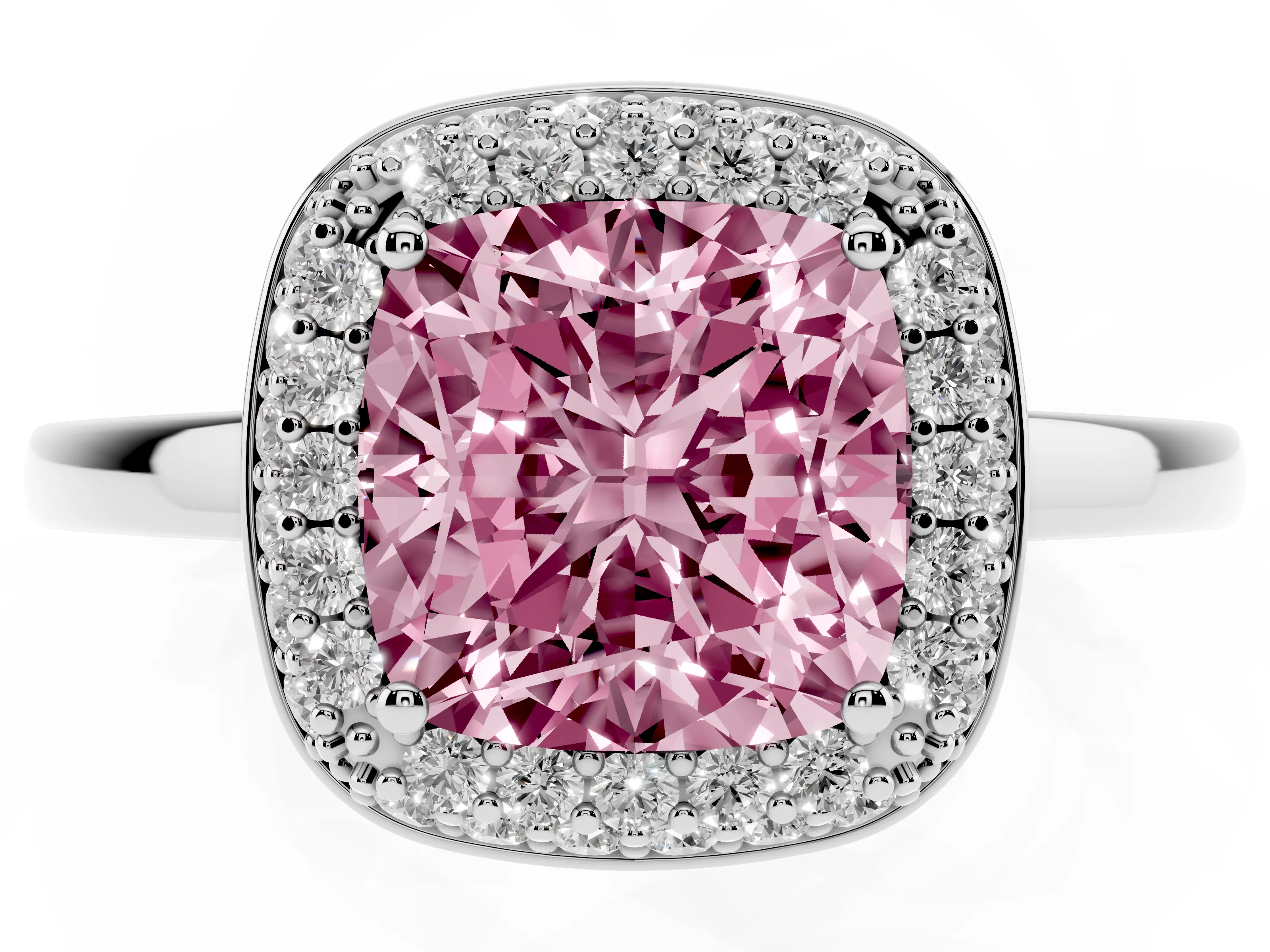 Fancy Pink Cushion Cut Diamond Halo Engagement Ring Set in Platinum with Solitaire Band and Prong Setting