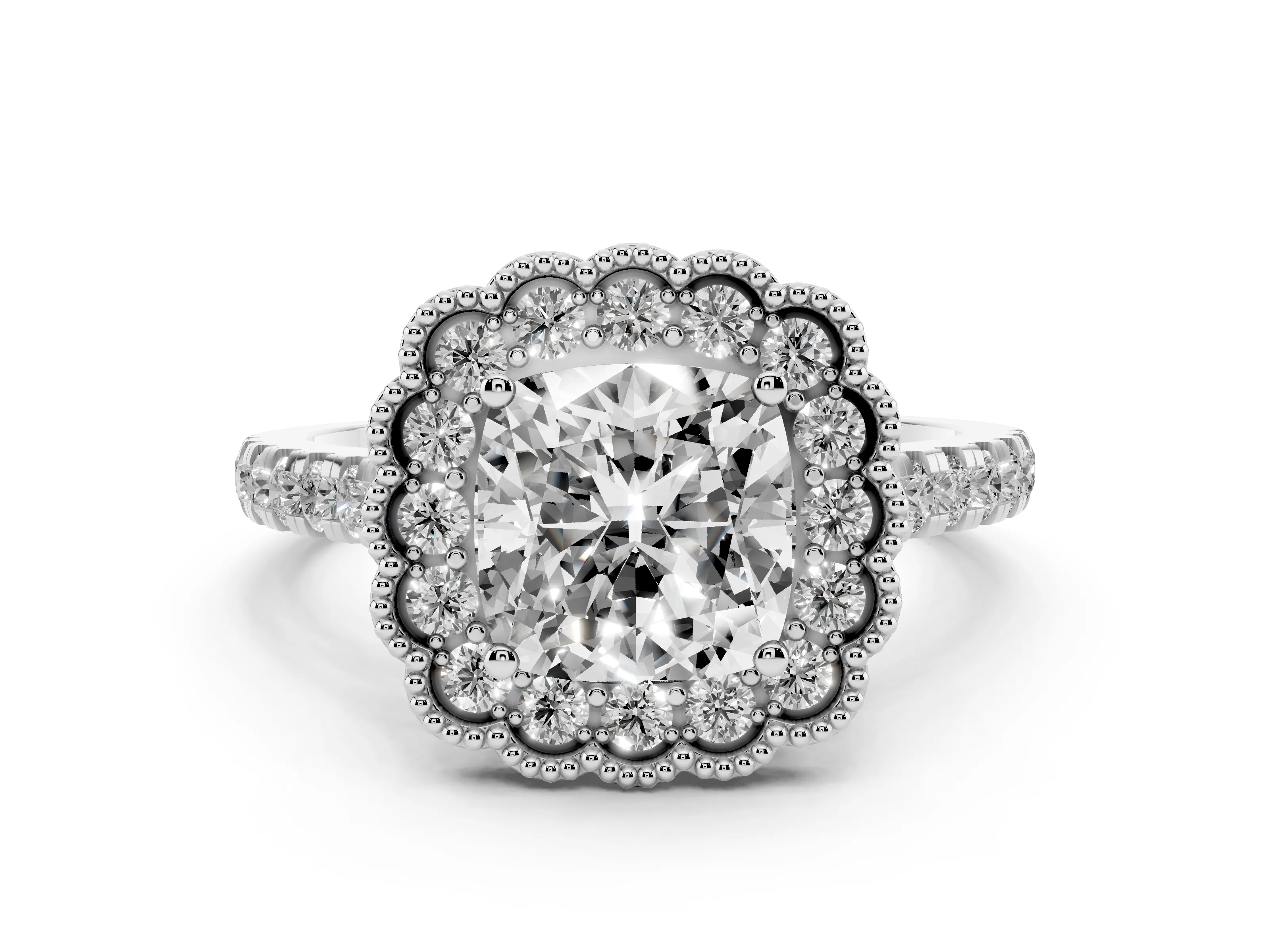 Cushion Cut Diamond Milgrain Floral Halo Engagement Ring Set in Platinum with Pavé Band