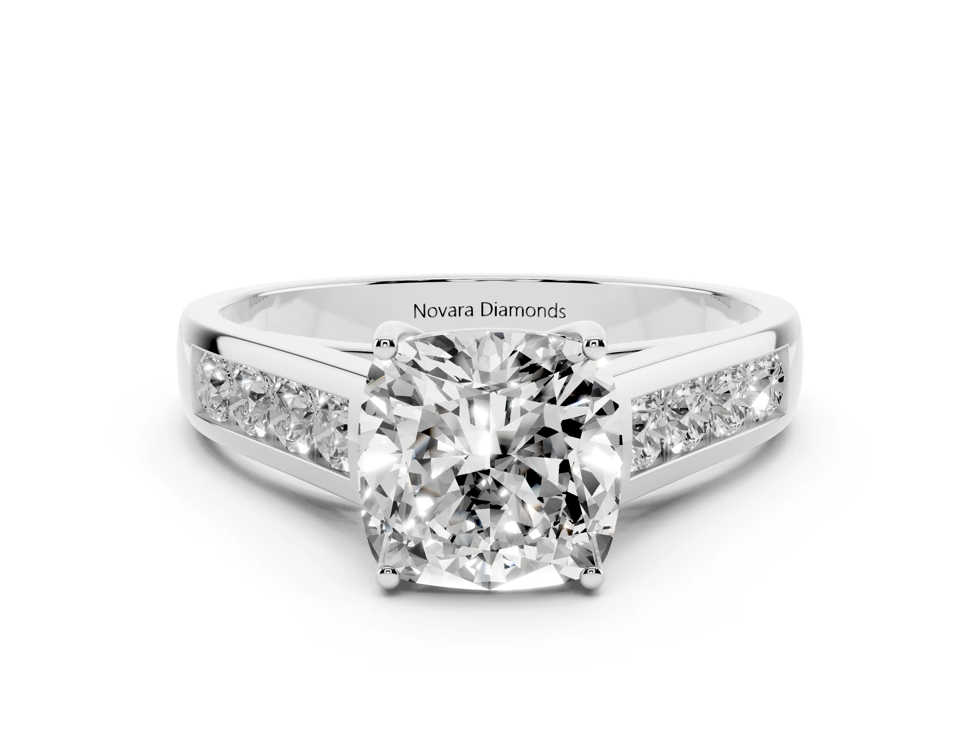 Cushion Cut Diamond Brilliant Channel-Set Solitaire Ring Set in Platinum with Prong Setting