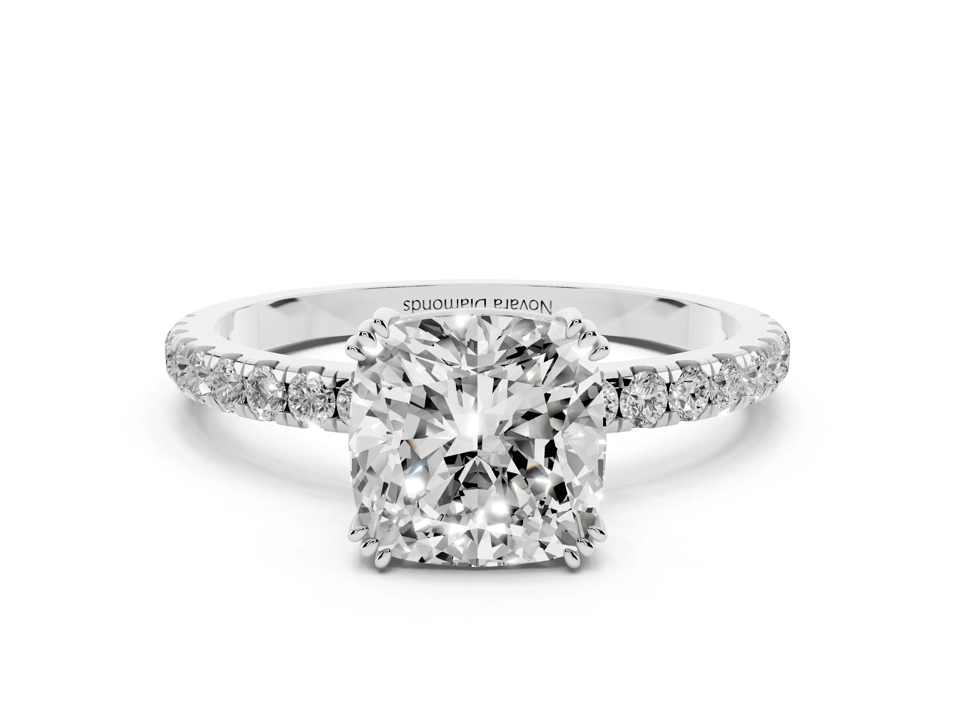 Cushion Cut Diamond Brilliant Solitaire Set in Silver with Pavé Band and Claw Prong Setting