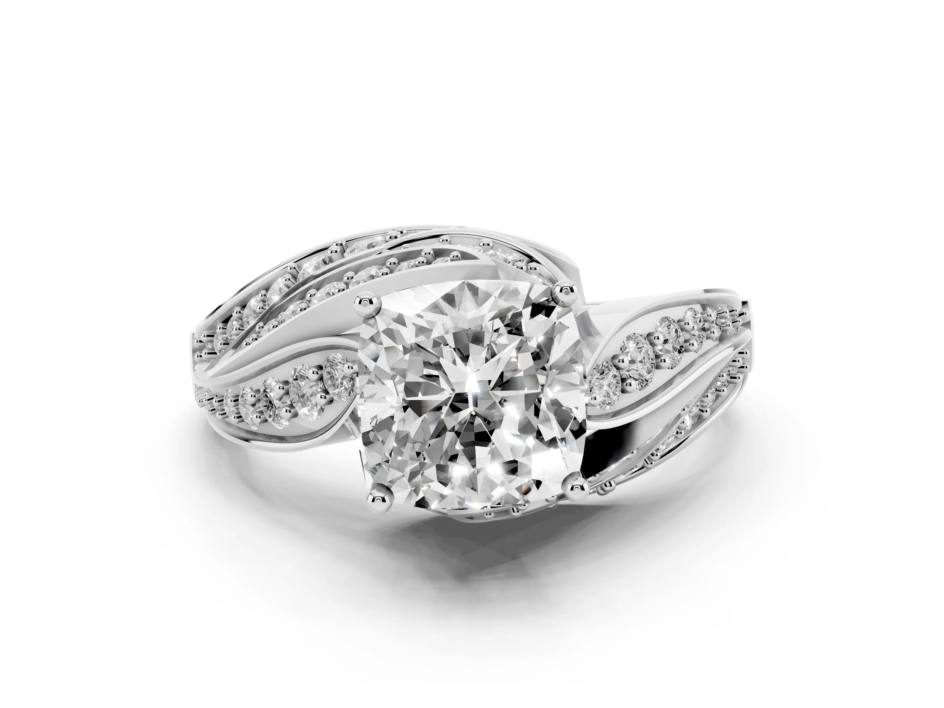 Cushion Cut Diamond Solitaire Ring Set in Platinum with Layered Twist Pavé Band