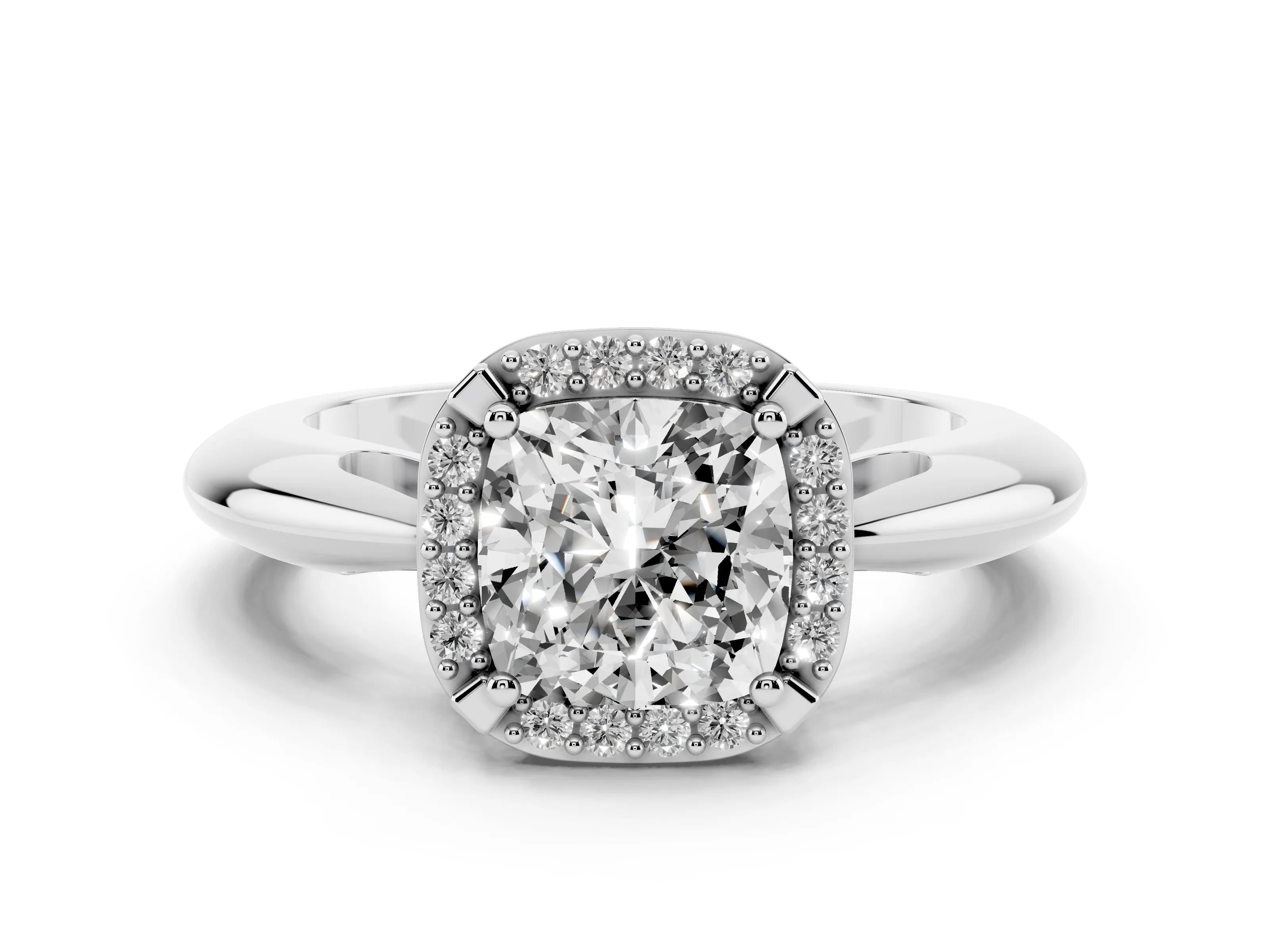 Cushion Cut Diamond Halo Engagement Ring Set in Platinum with Plain Split Shank and Prong Setting