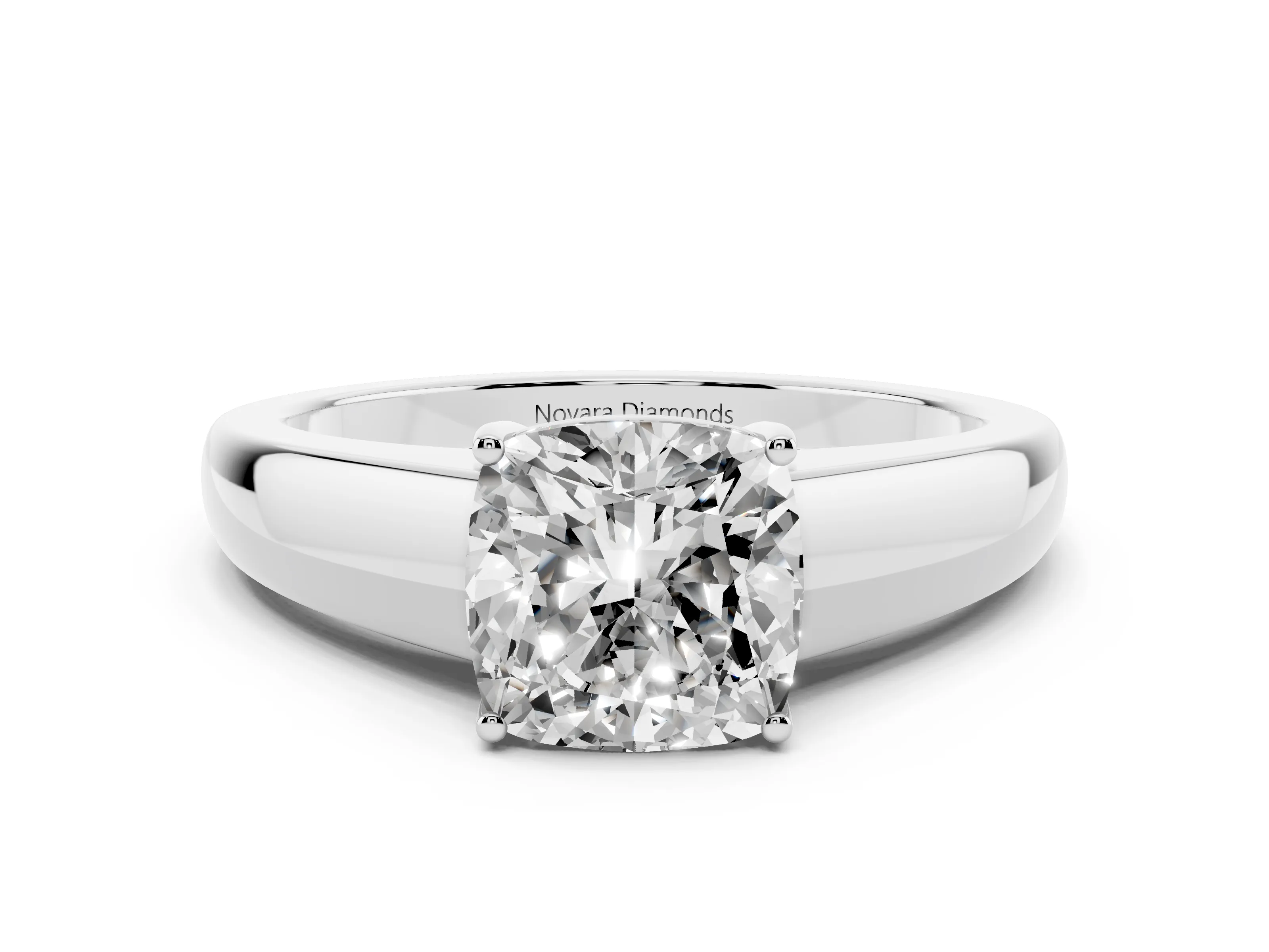 Cushion Cut Diamond Solitaire Ring Set in White gold with Tapered Band and Prong Setting