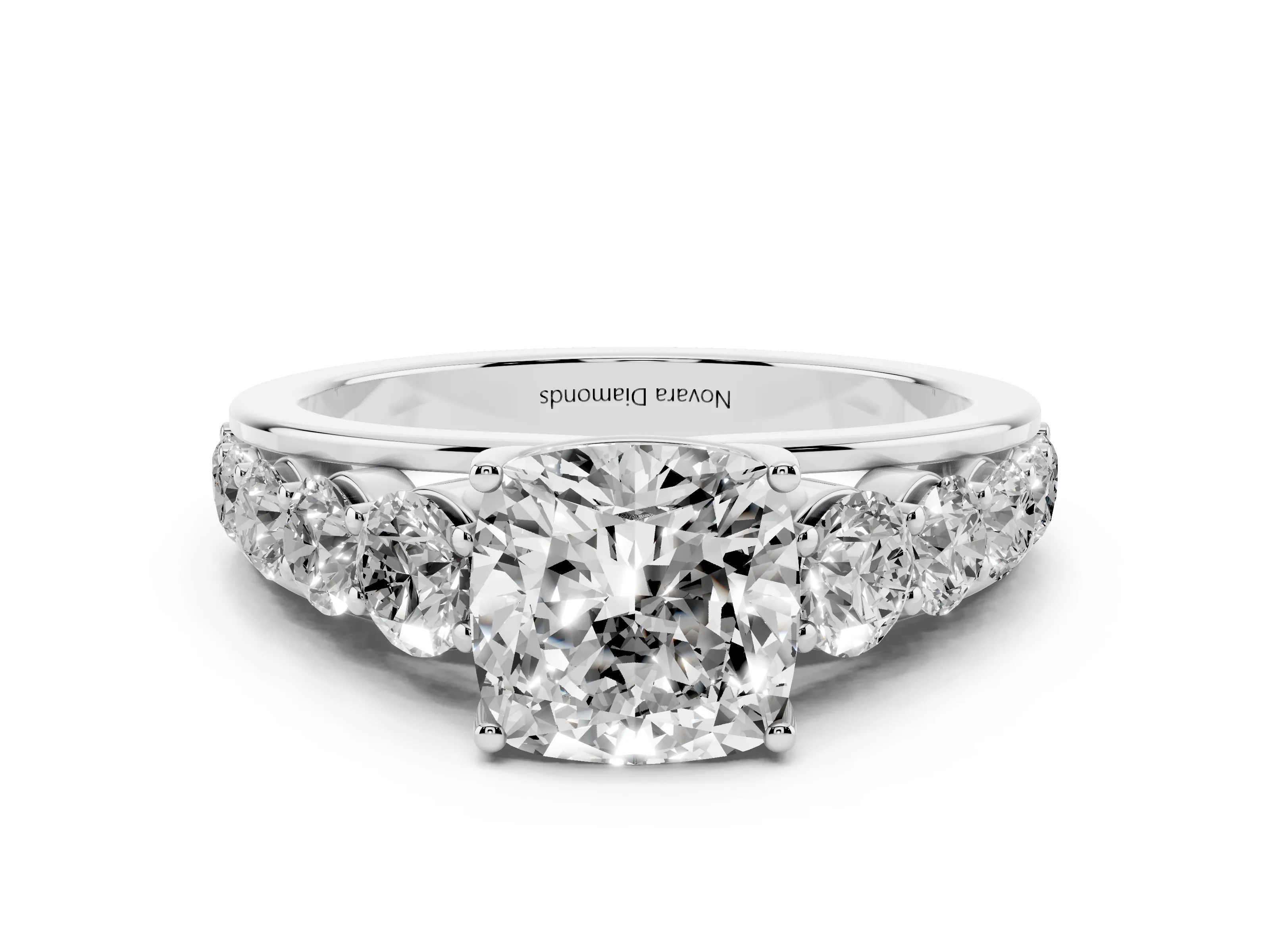 Cushion Cut Diamond Solitaire Ring Set in White gold with Pavé-Set Band and Prong Setting