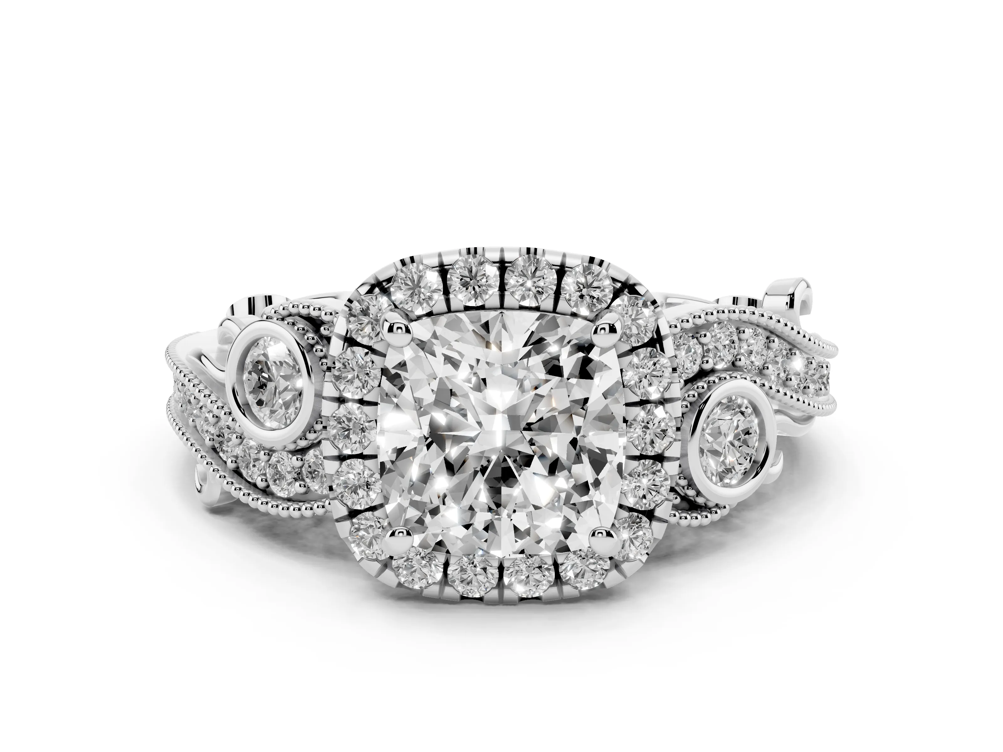 Cushion Cut Diamond Halo Ring Set in Platinum with Milgrain Pavé Band and Prong Setting