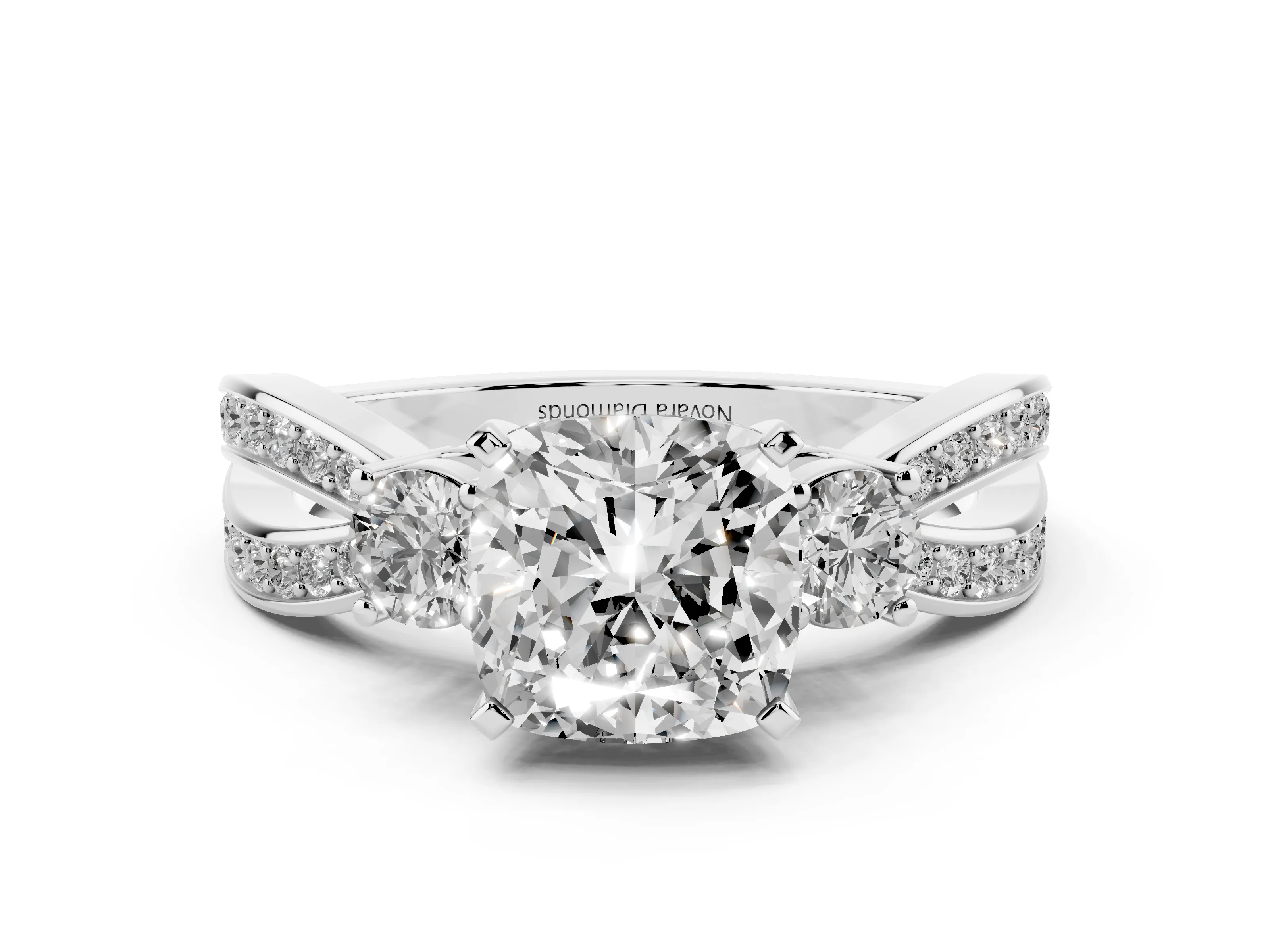 Three-Stone Cushion Cut Diamond Twist Band Ring Set in Silver with Pavé Accents and Prong Setting