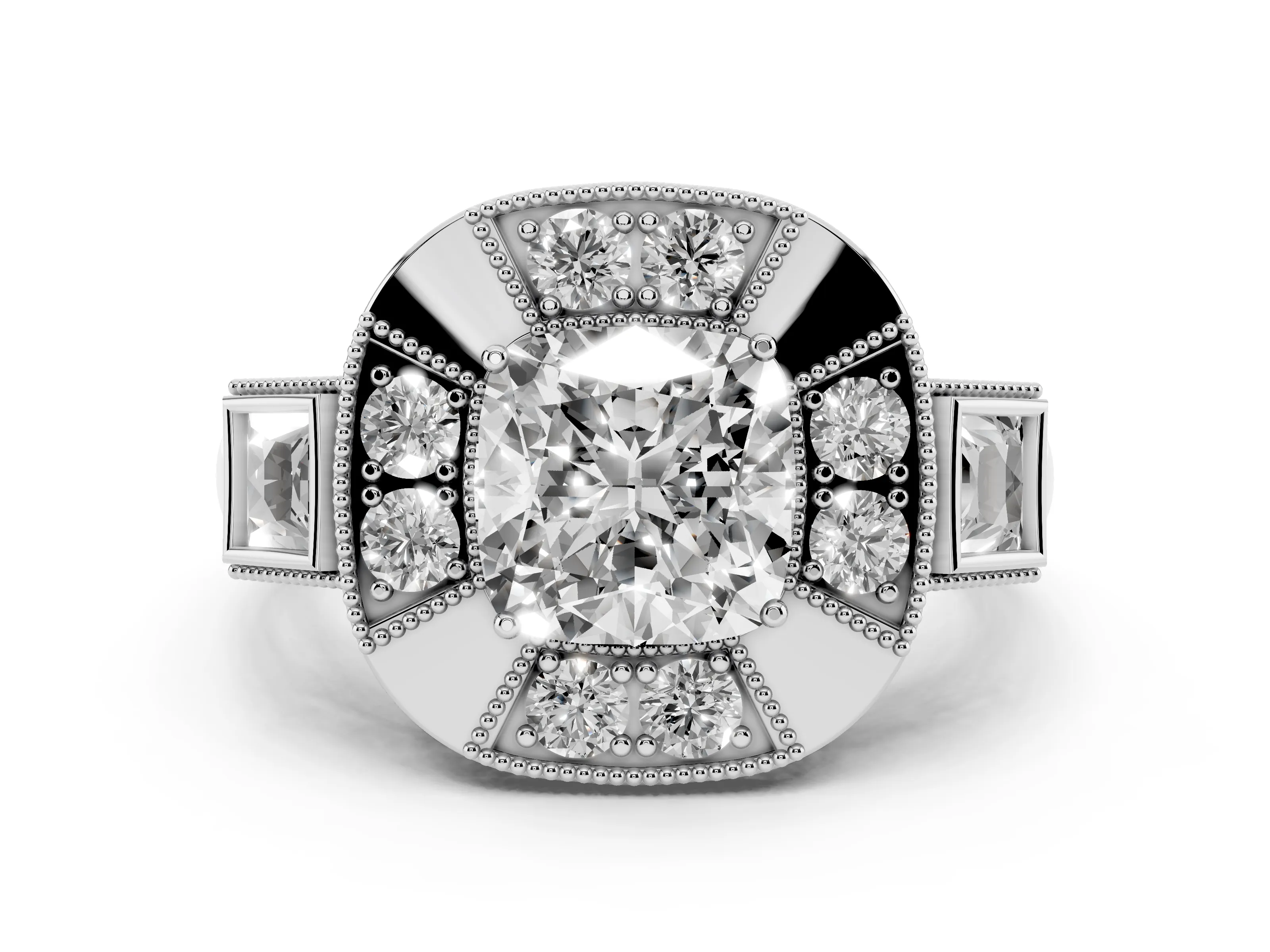 Cushion Cut Diamond Milgrain Halo Ring Set in Silver with Split Shank