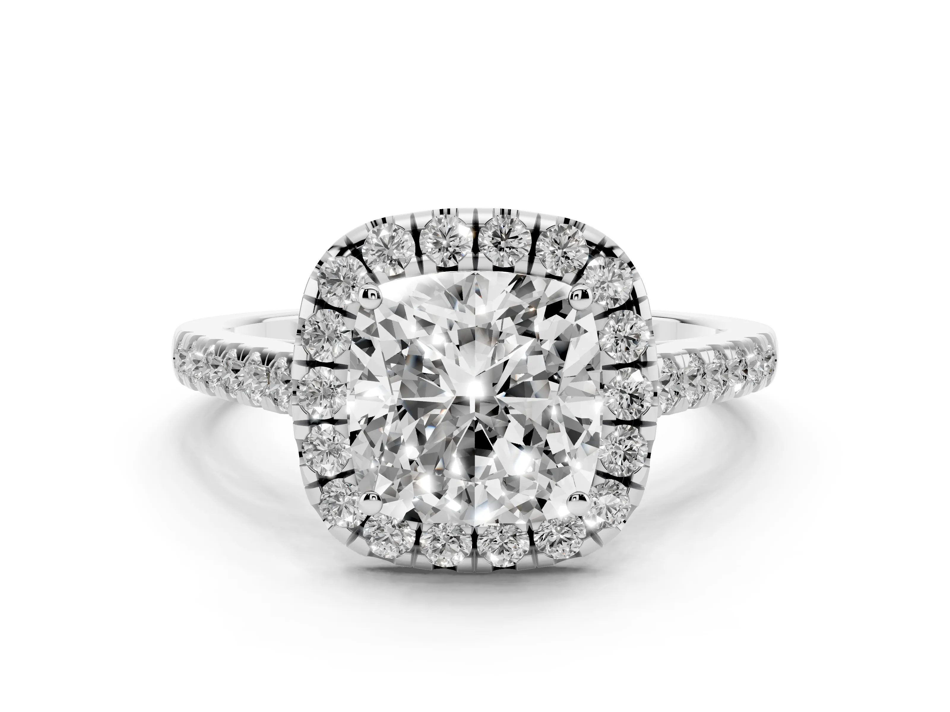 Cushion Cut Diamond Halo Pavé Engagement Ring Set in White gold with Prong Setting
