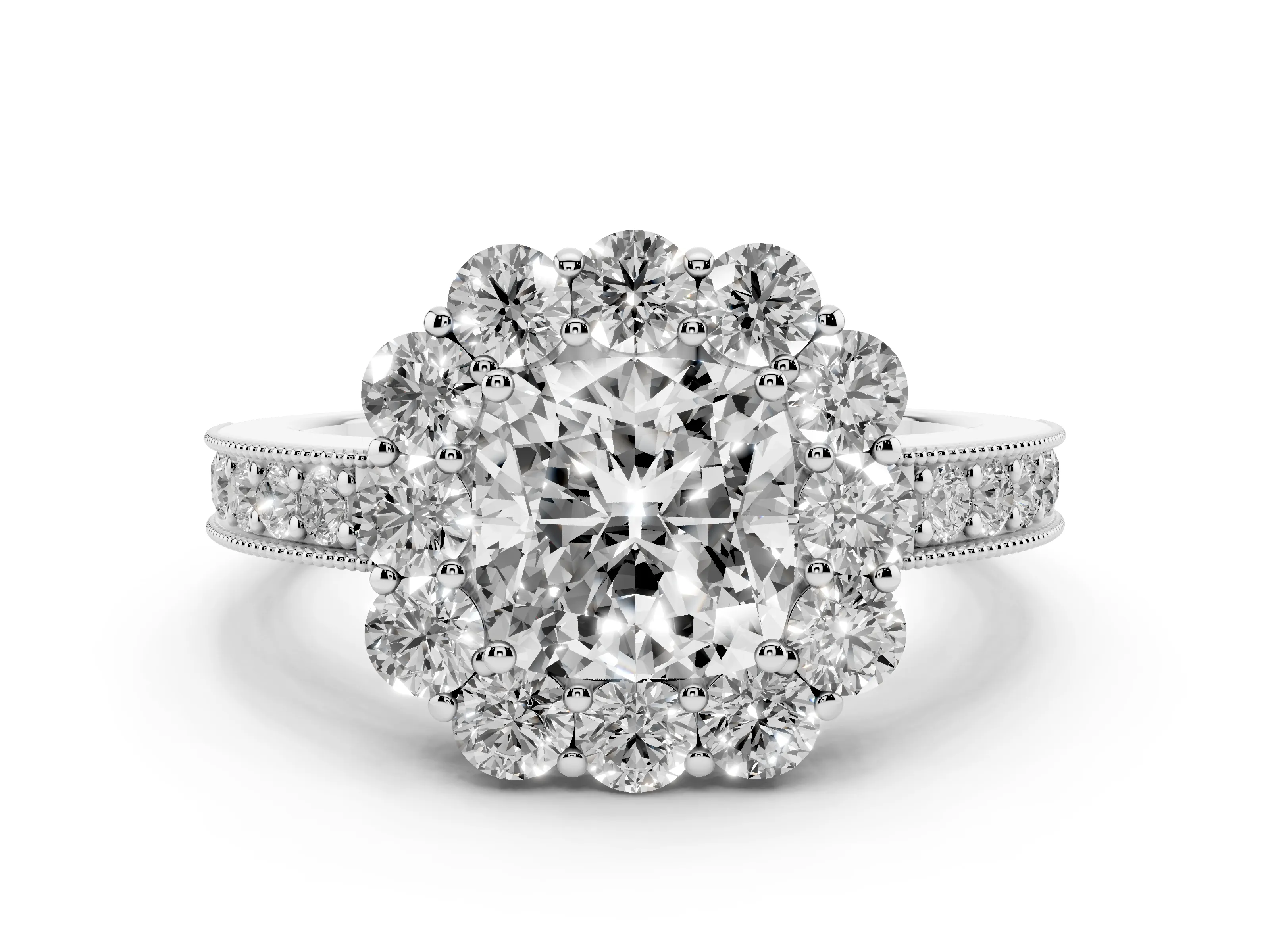 Cushion Cut Diamond Halo Pavé Engagement Ring Set in White gold with Milgrain Detailing