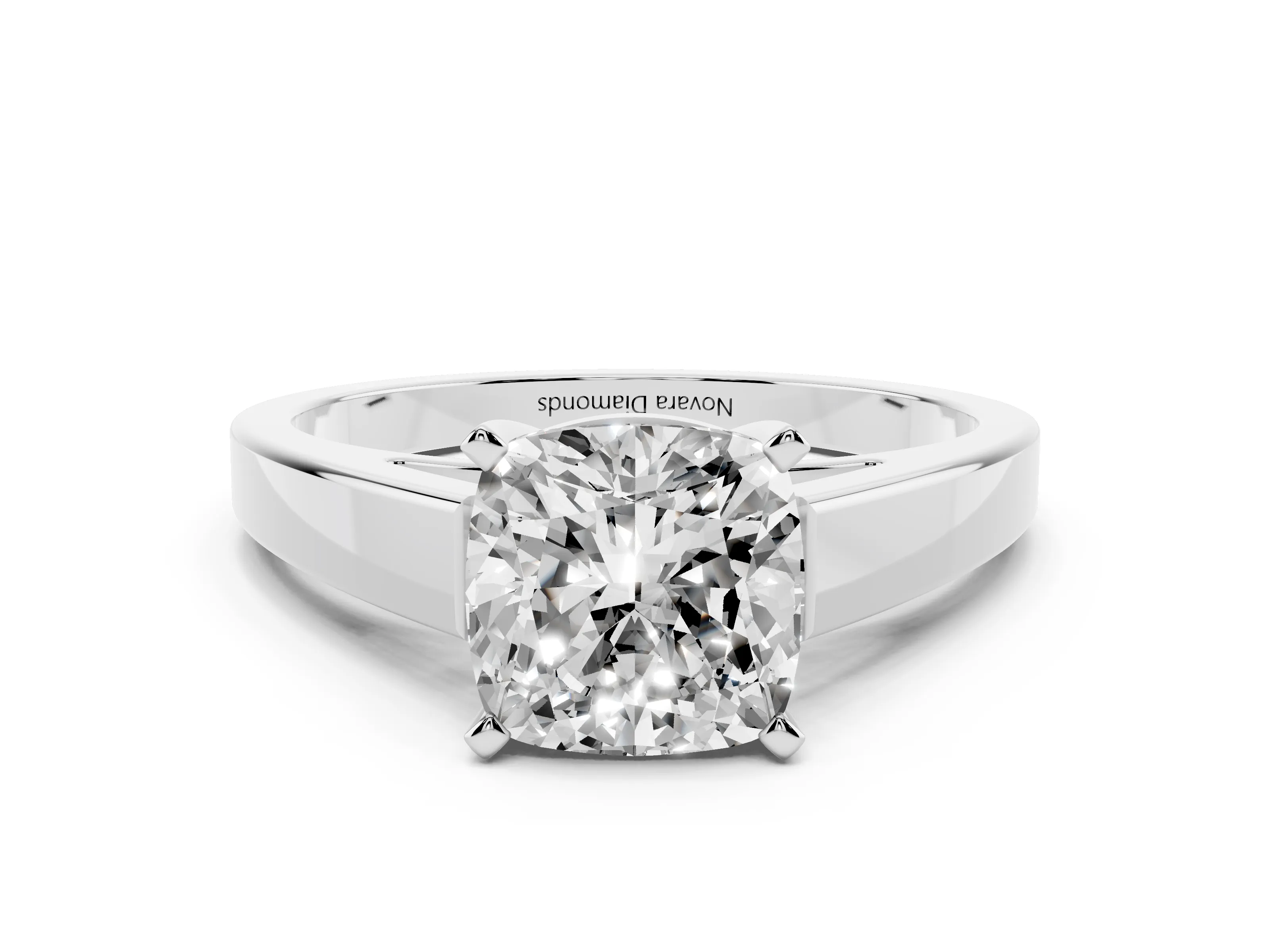 Cushion Cut Diamond Solitaire Engagement Ring Set in White gold with Prong Setting and Tapered Band