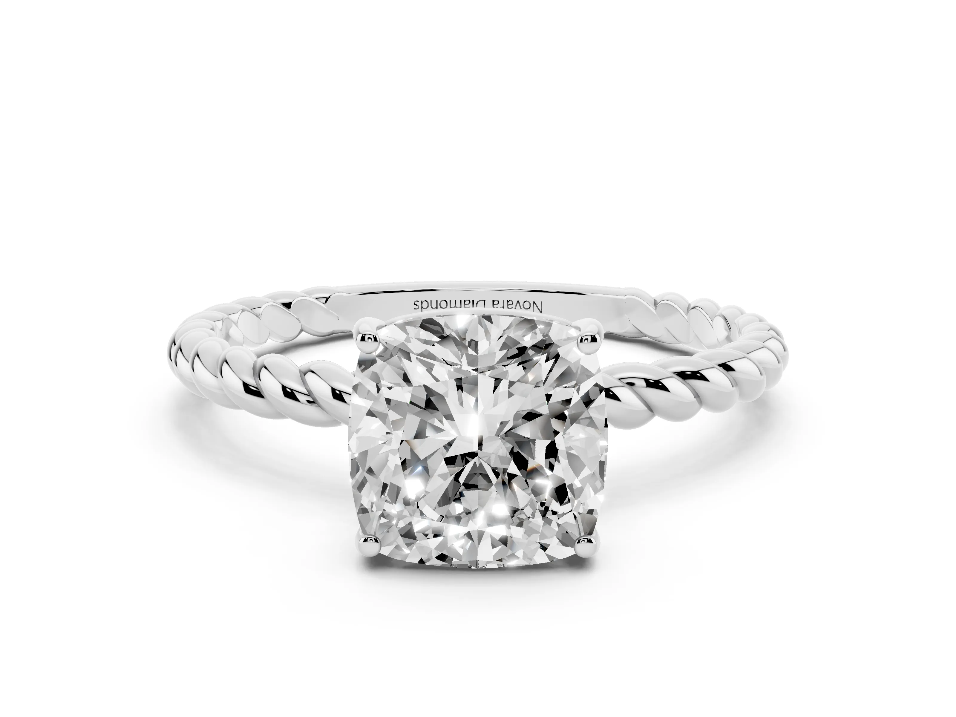 Cushion Cut Diamond Solitaire Ring Set in White gold with Twist Band and Prong Setting