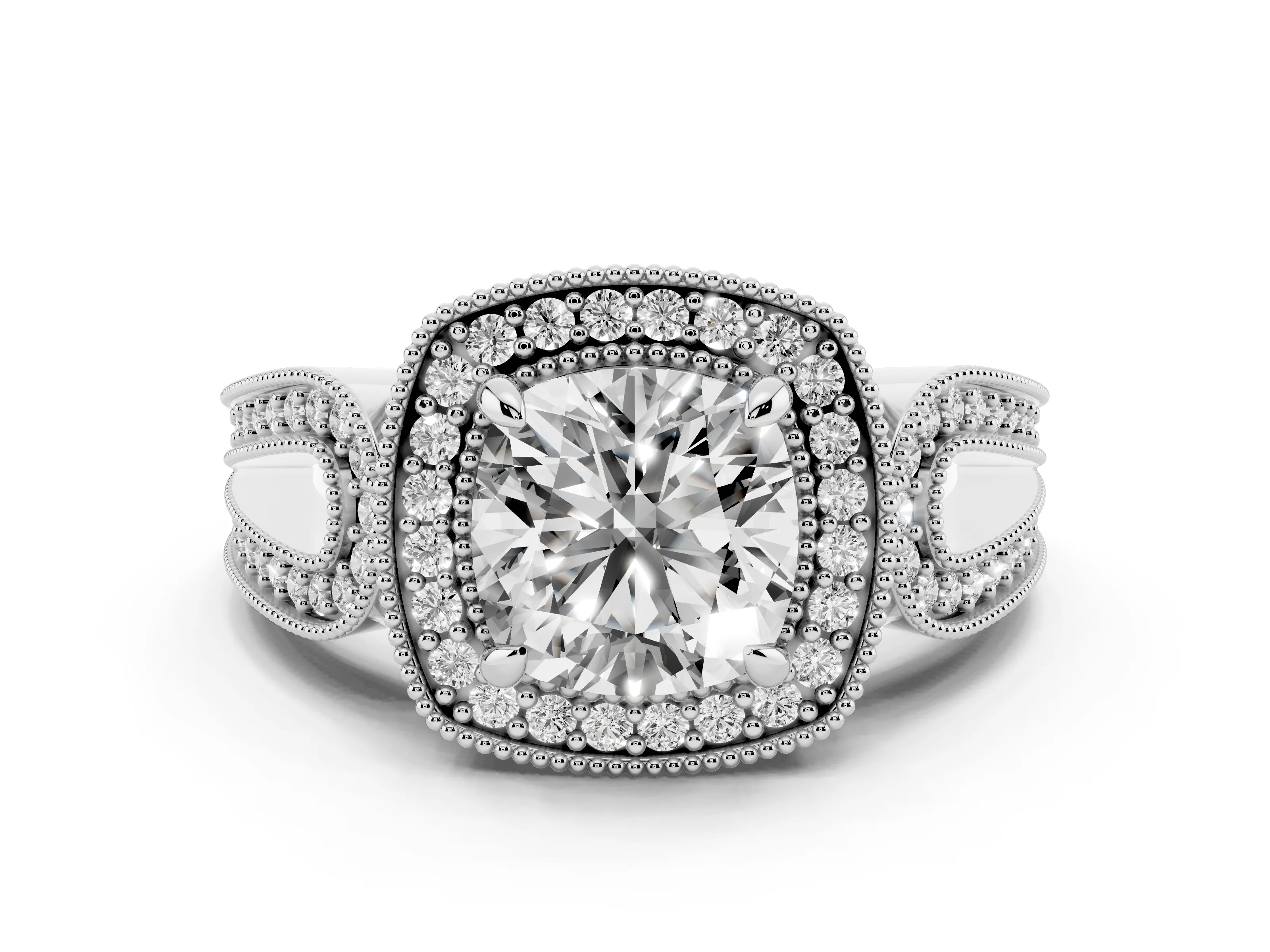 Cushion Cut Diamond Halo Ring Set in Silver with Milgrain Accent Split Shank