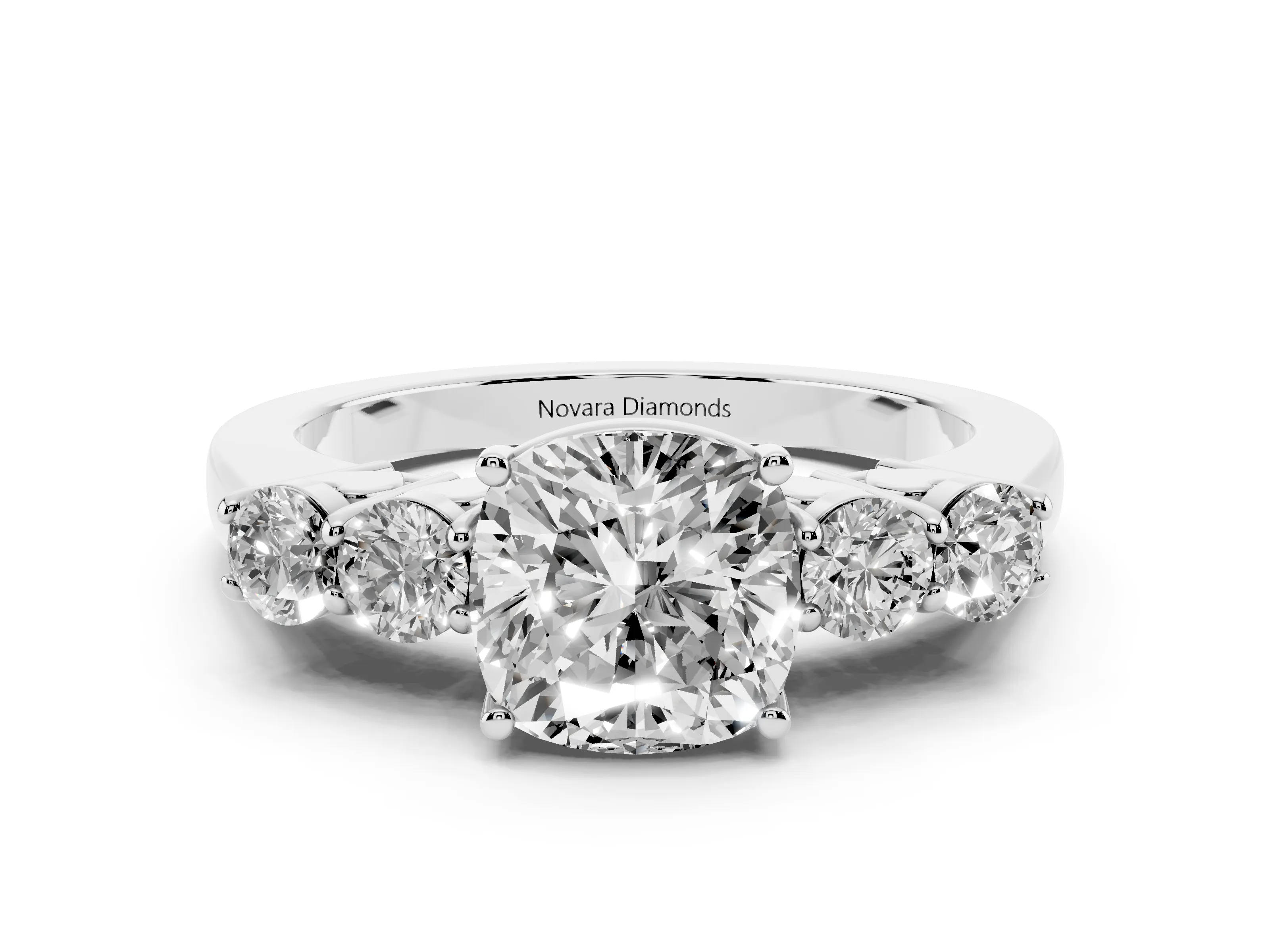 Cushion Cut Diamond Five-Stone Prong Set Band Ring Set in White gold with Polished Band