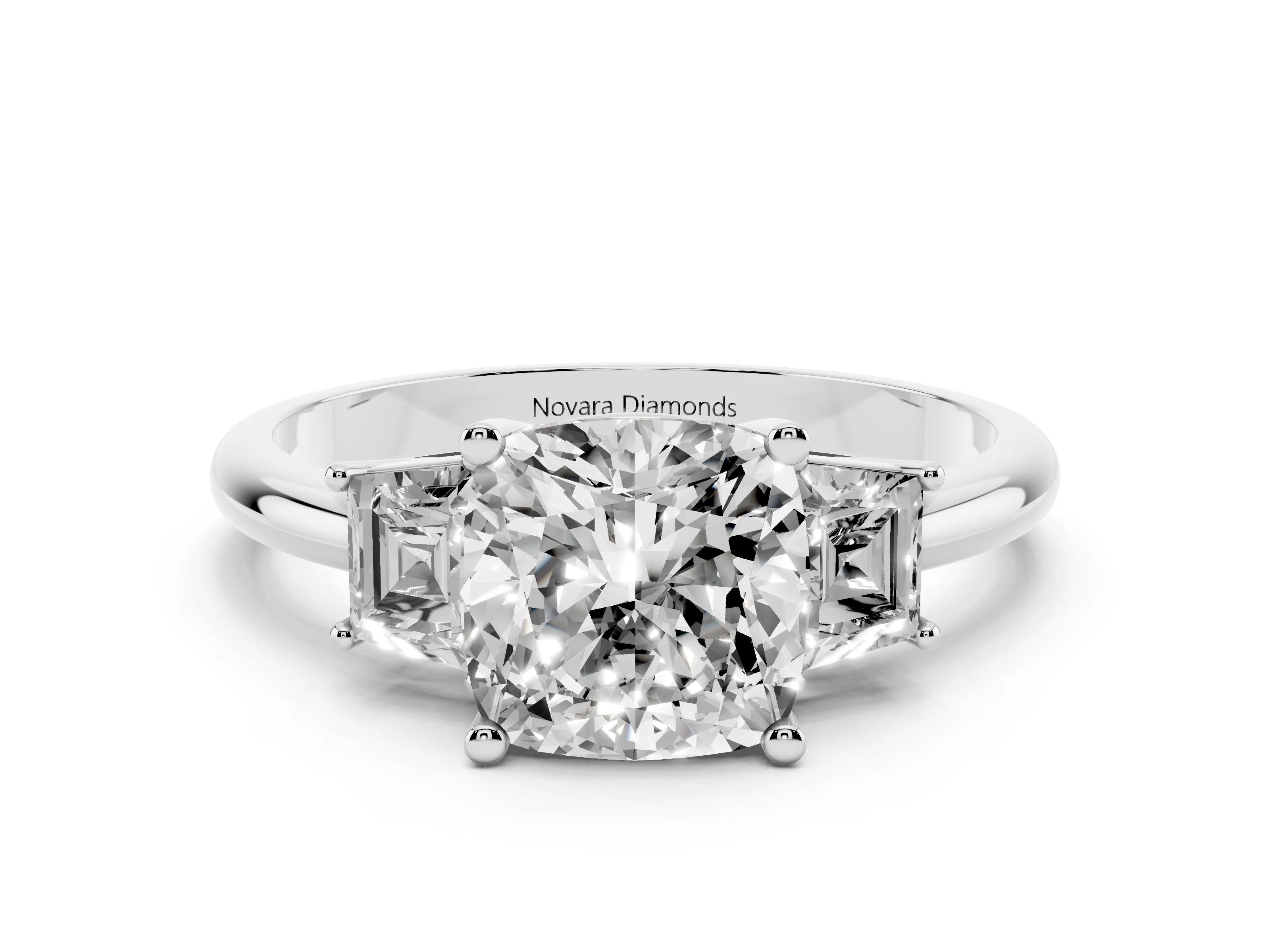 Cushion Cut Diamond Three-Stone Ring Set in Silver with Trapezoid Side Stones and Prong Setting