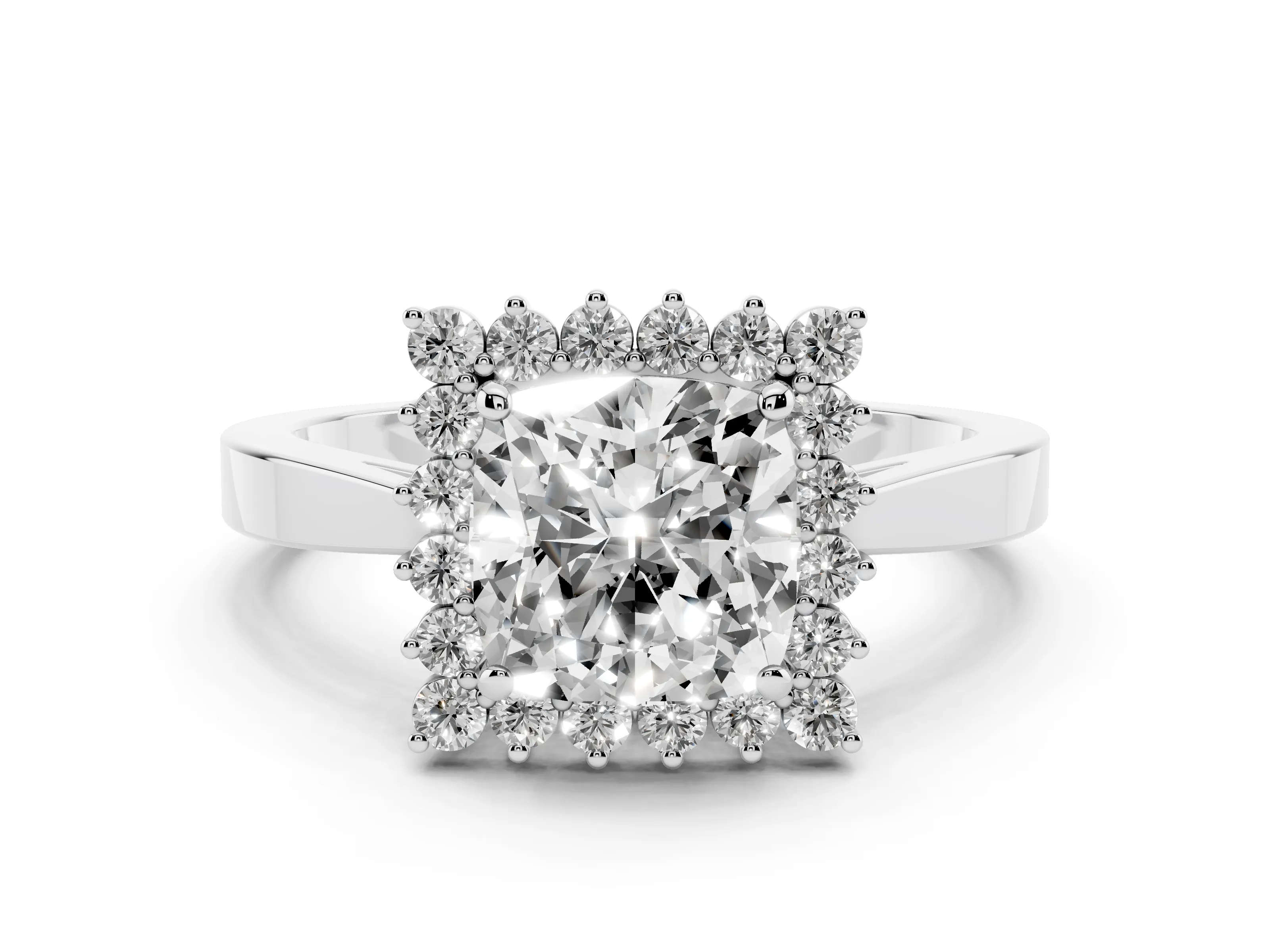Cushion Cut Diamond Halo Ring Set in Platinum with Round Halo and Smooth Solitaire Band