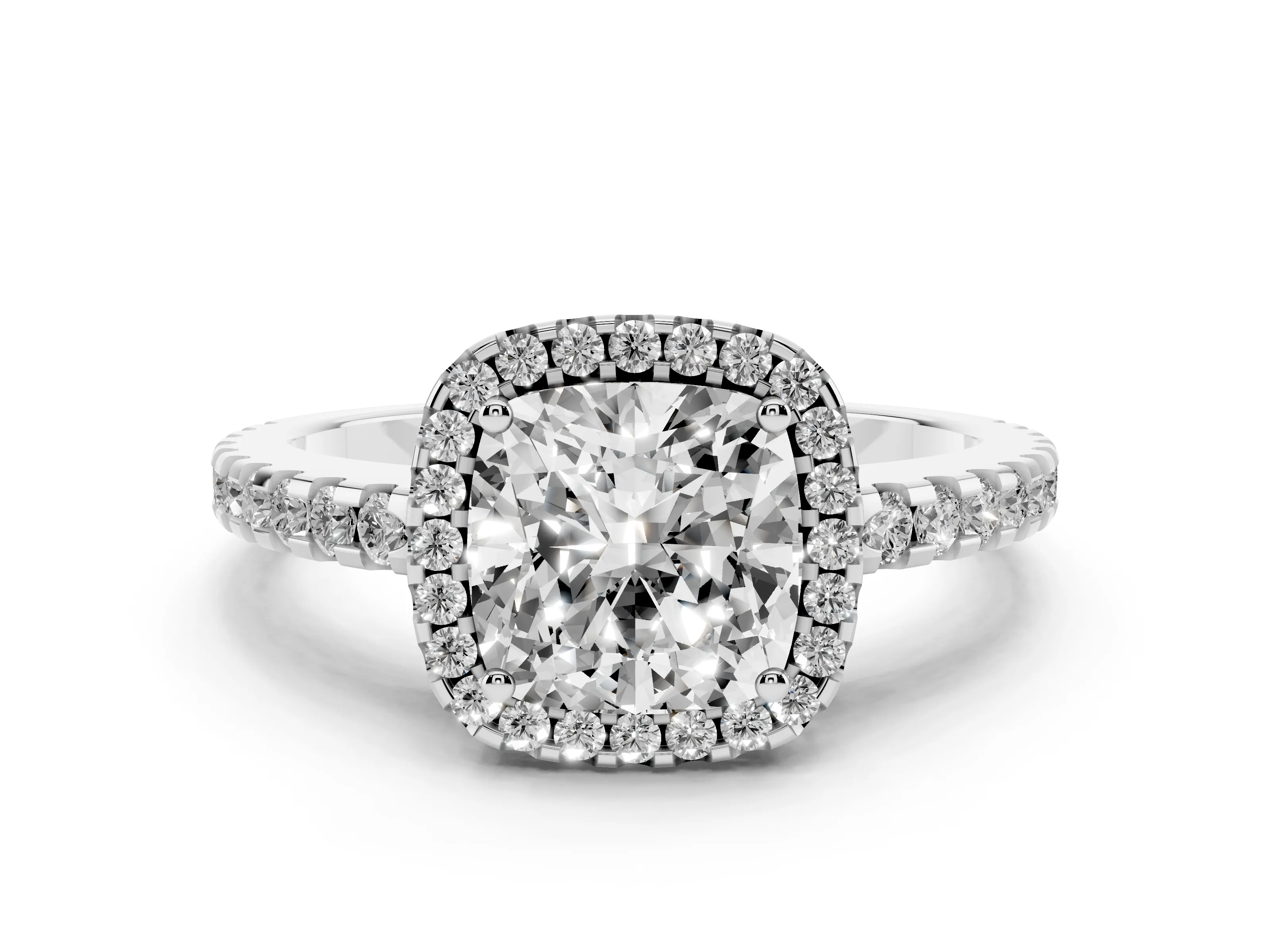 Cushion Cut Diamond Halo Ring Set in Platinum with Pavé Shoulders and Halo-Framed Center
