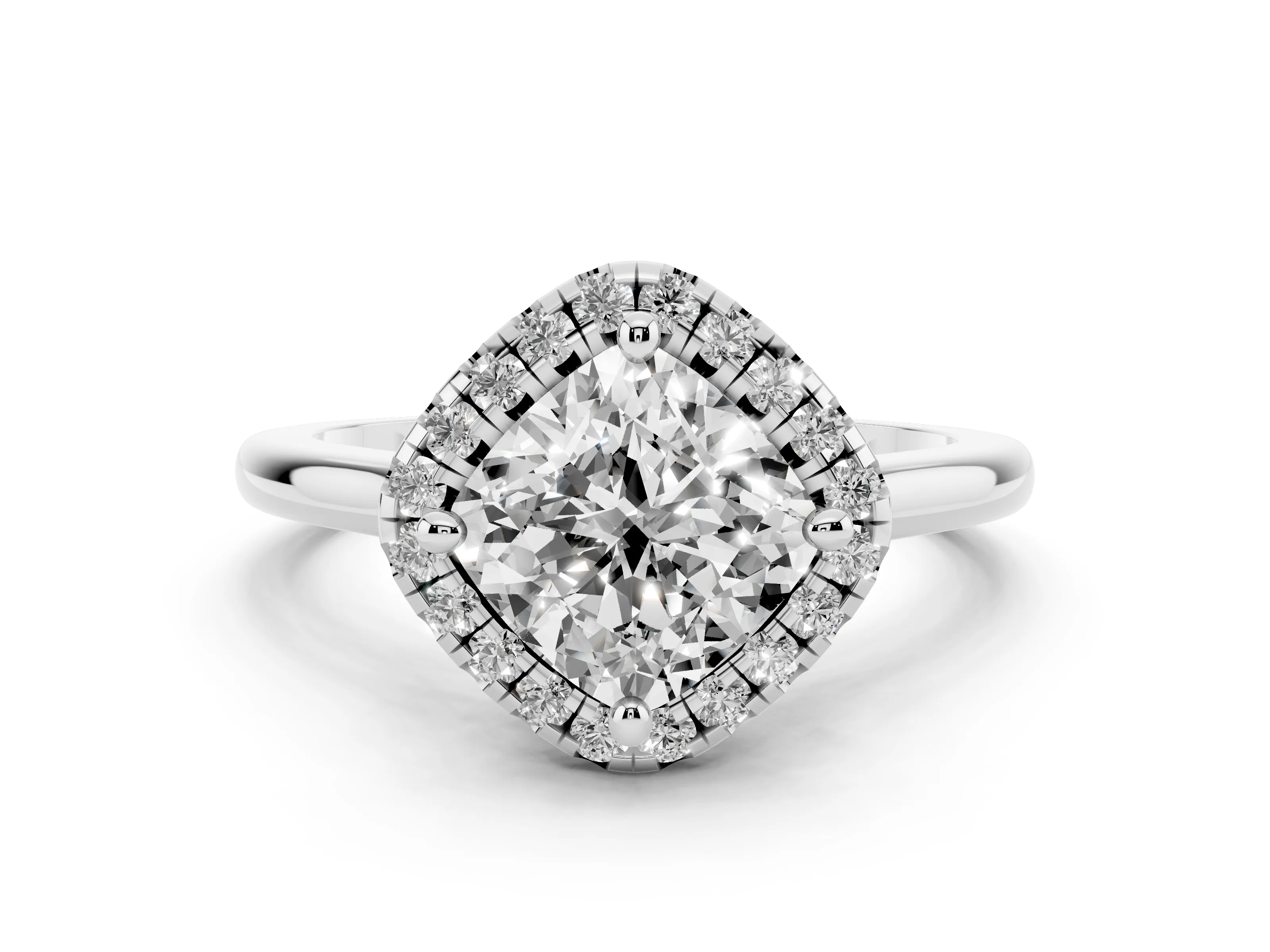 Cushion Cut Diamond Halo Engagement Ring Set in Platinum with Pavé Band and Rising Shoulders