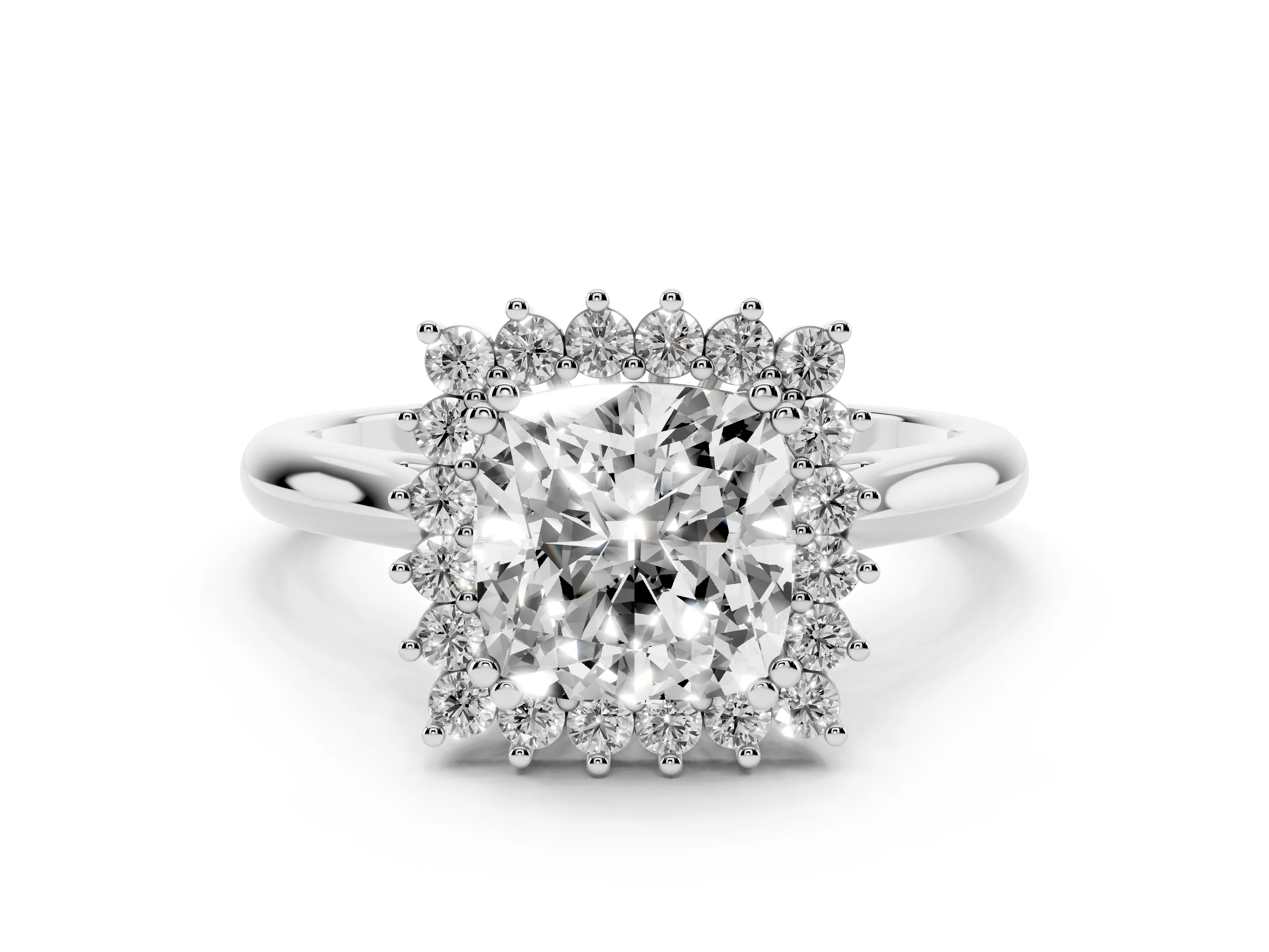 Cushion Cut Diamond Halo Ring Set in White gold with Plain Solitaire Band and Prong Setting