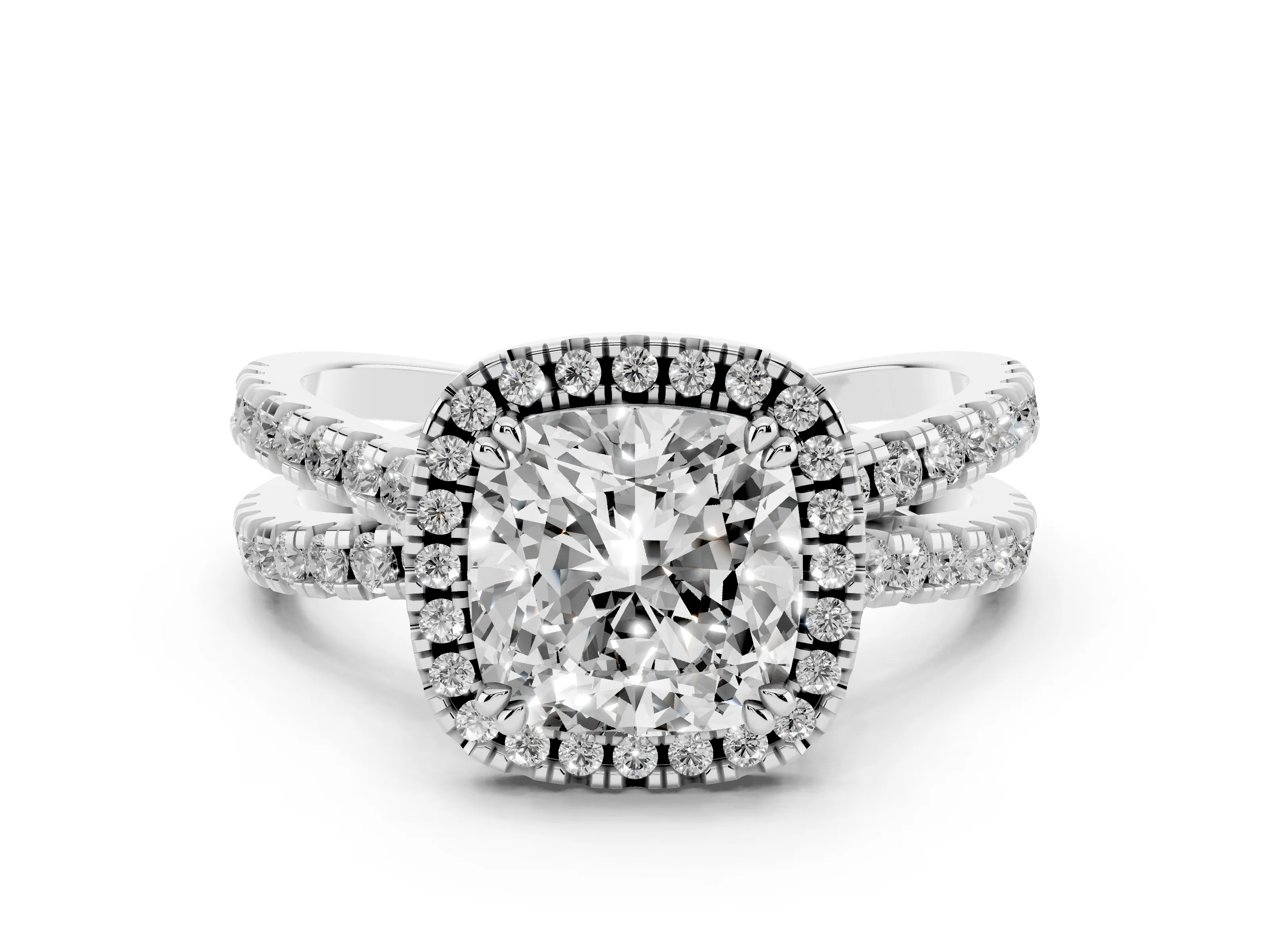 Cushion Cut Diamond Halo Split Shank Ring Set in Platinum with Pavé Setting