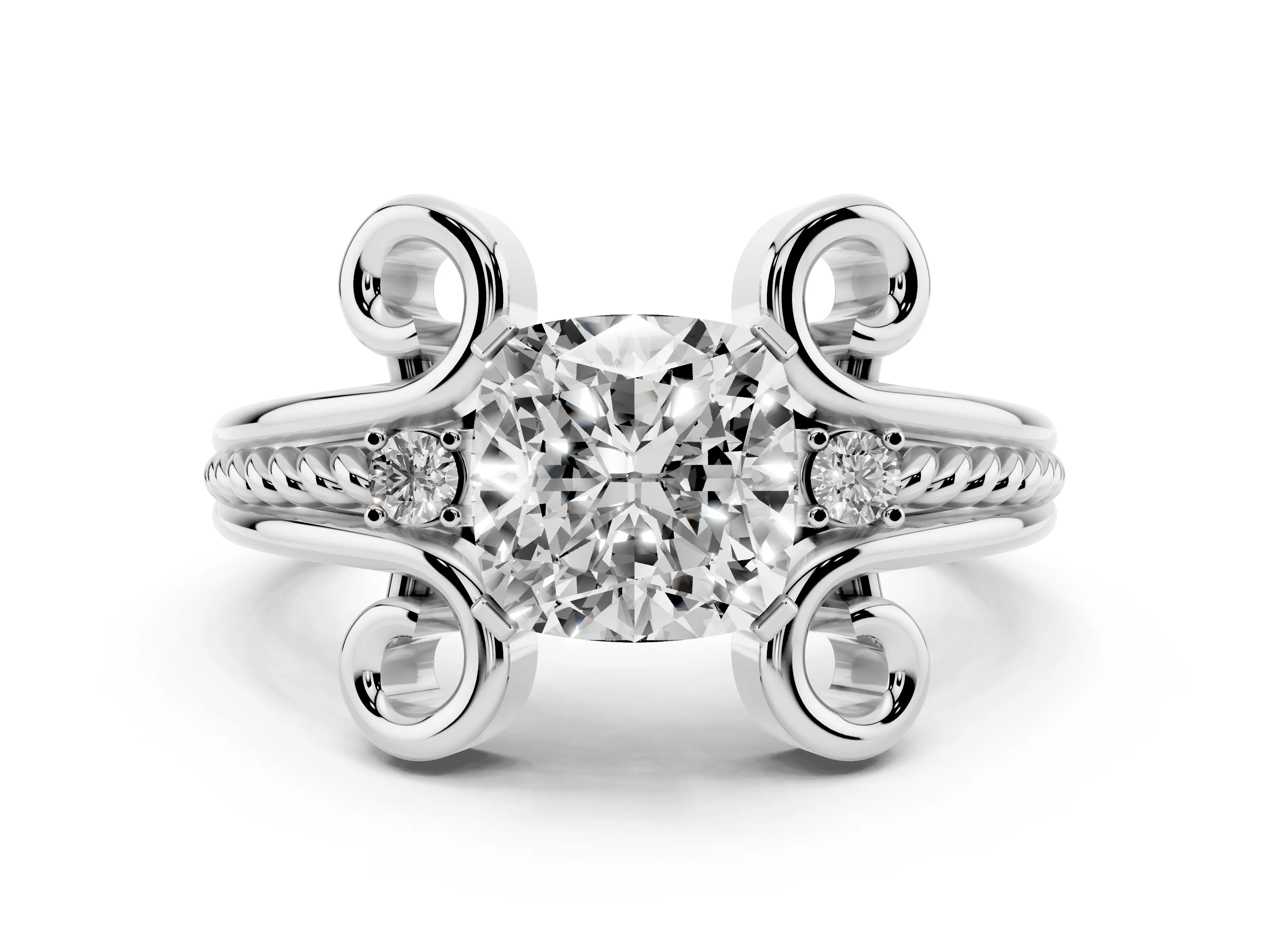 Cushion Cut Diamond Twisted Band Solitaire Ring Set in White gold with Scroll Prongs