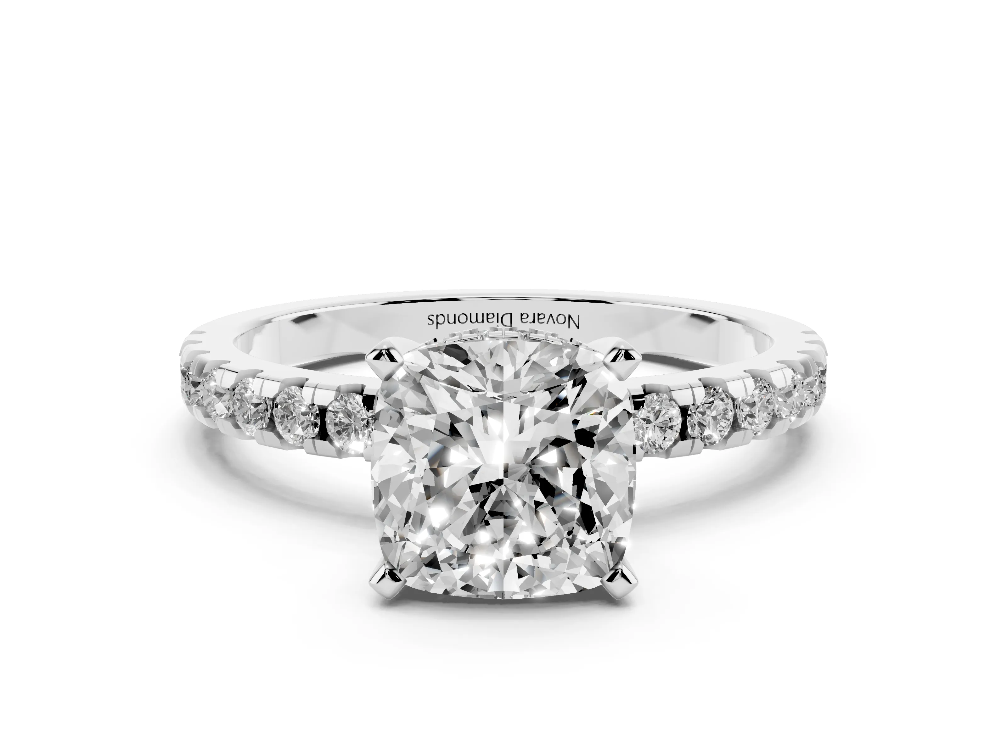 Cushion Cut Diamond Pavé Solitaire Ring Set in Platinum with Round Band Accents and Prong Setting