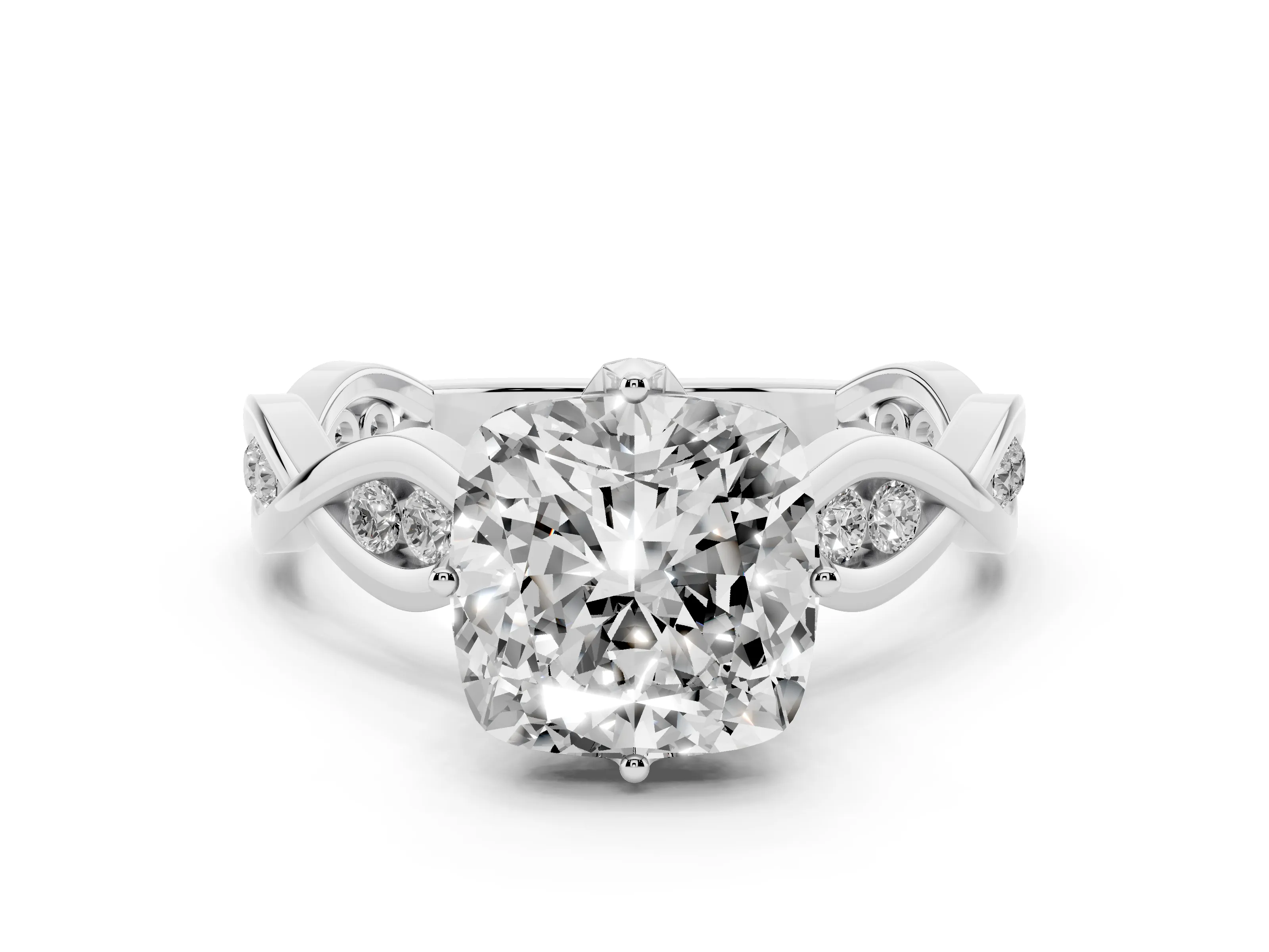 Cushion Cut Diamond Twist Band Solitaire Ring Set in White gold with Leaf Prong Setting and Accent Stones