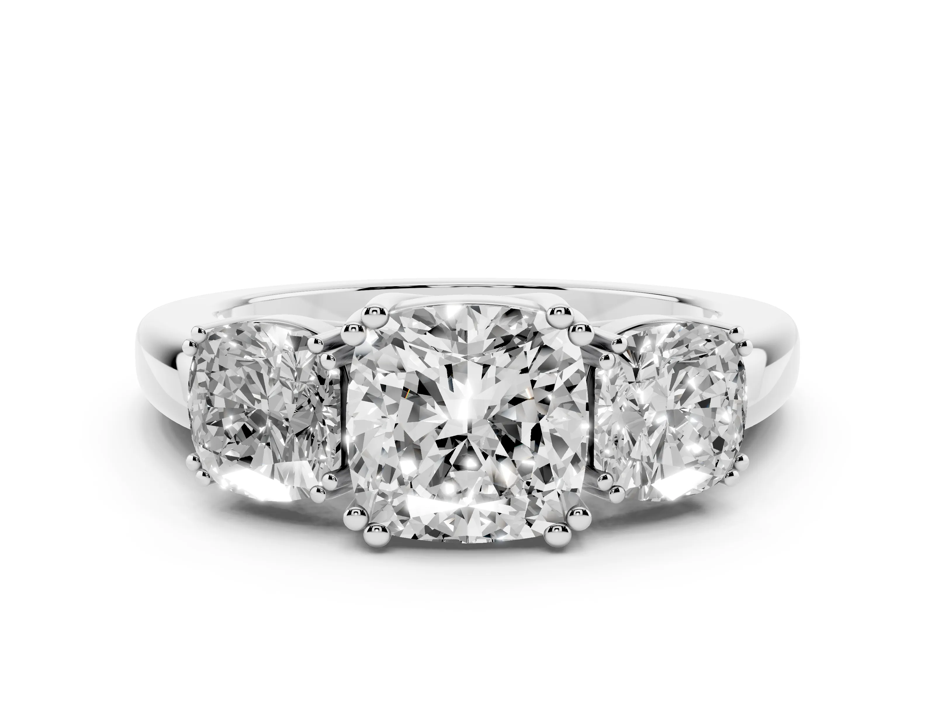 Cushion Cut Diamond Three-Stone Ring Set in Platinum with Polished Band and Prong Setting