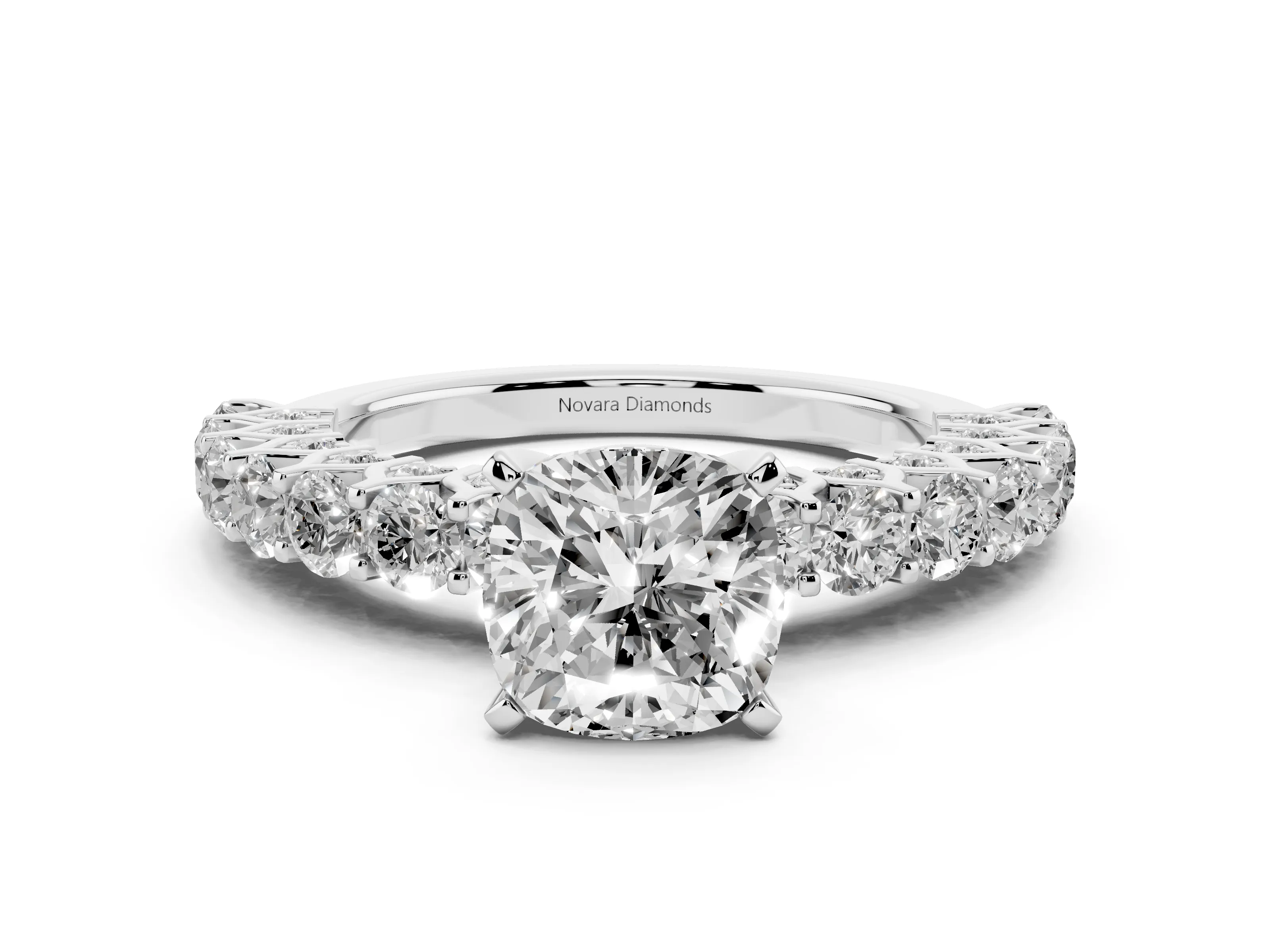 Cushion Cut Diamond Solitaire Ring Set in Silver with Shared Prong Pavé Band