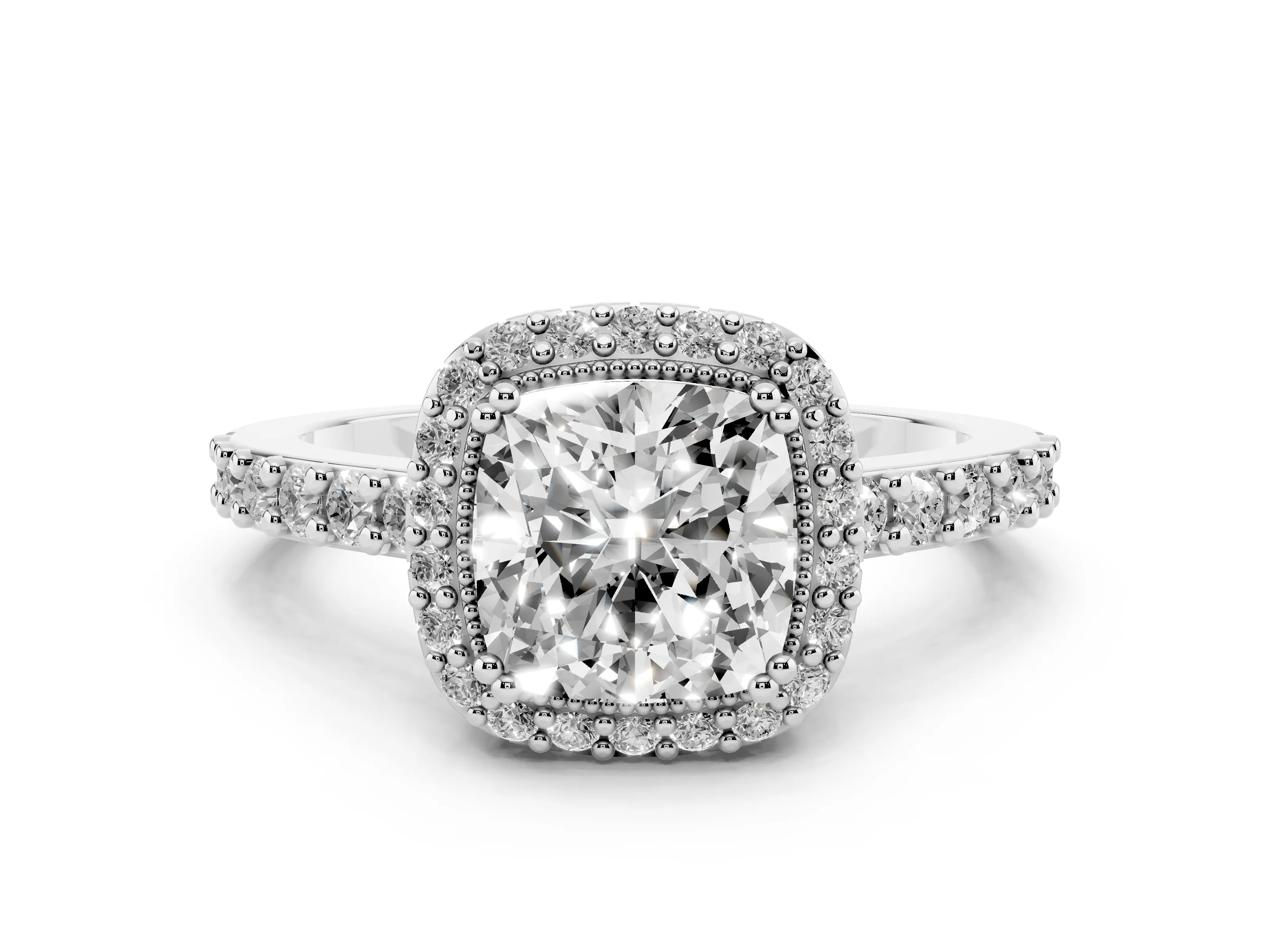 Cushion Cut Diamond Halo Engagement Ring Set in White gold with Milgrain Detail and Pavé Band