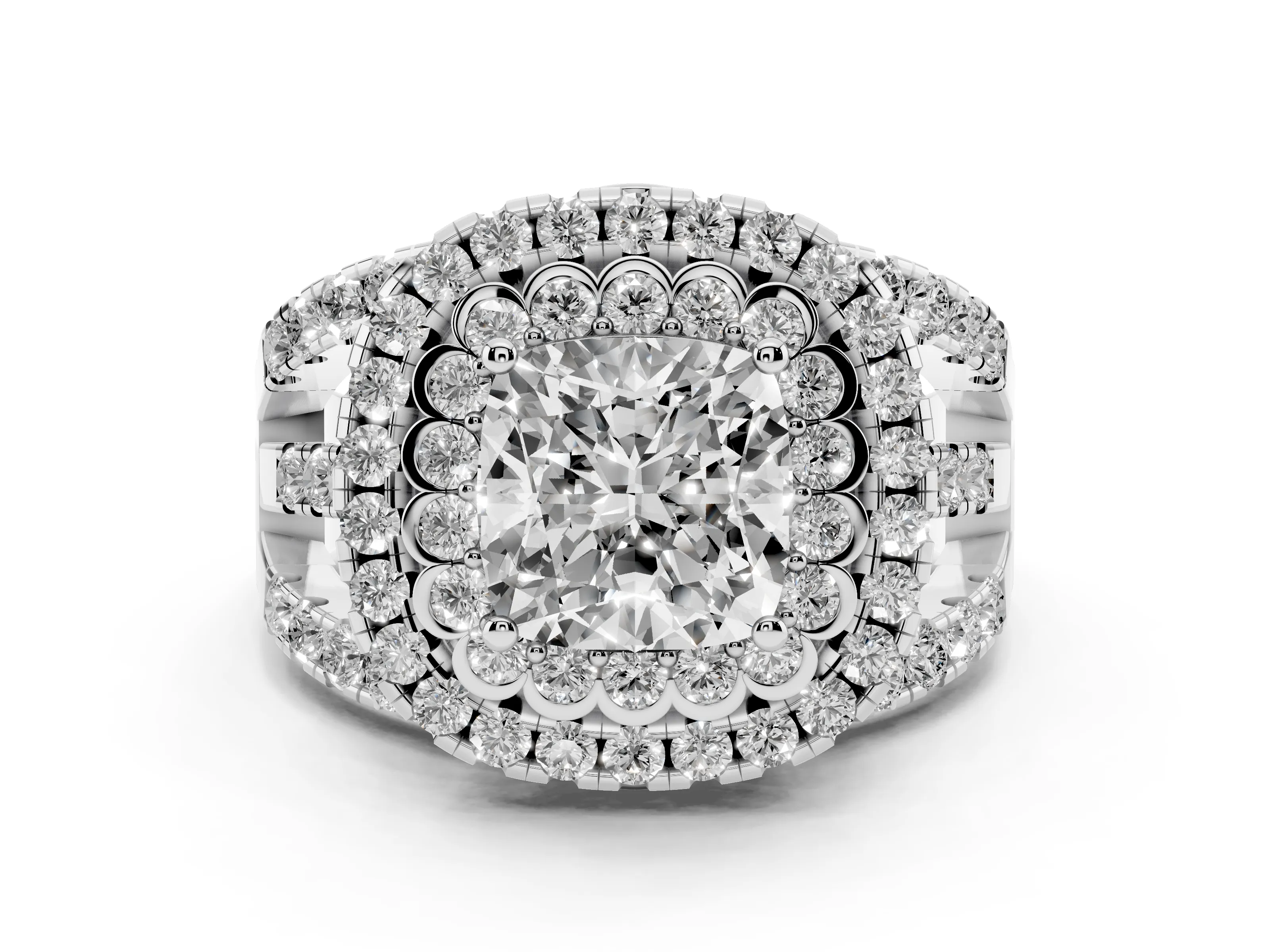 Cushion Cut Diamond Double Halo Ring Set in White gold with Round Pavé Split Shank