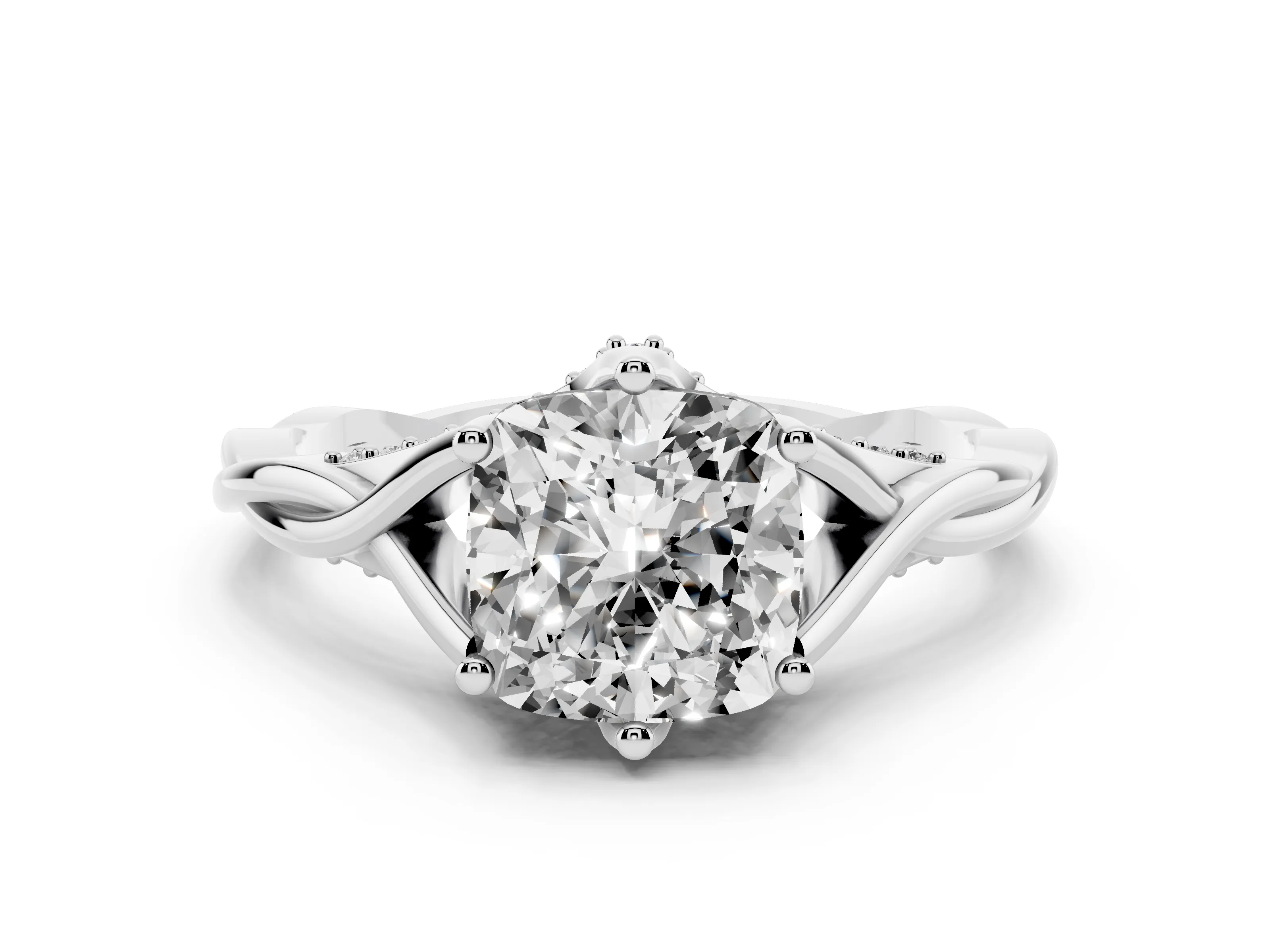 Cushion Cut Diamond Intertwined Twist Band Solitaire Ring Set in White gold with Prong Setting