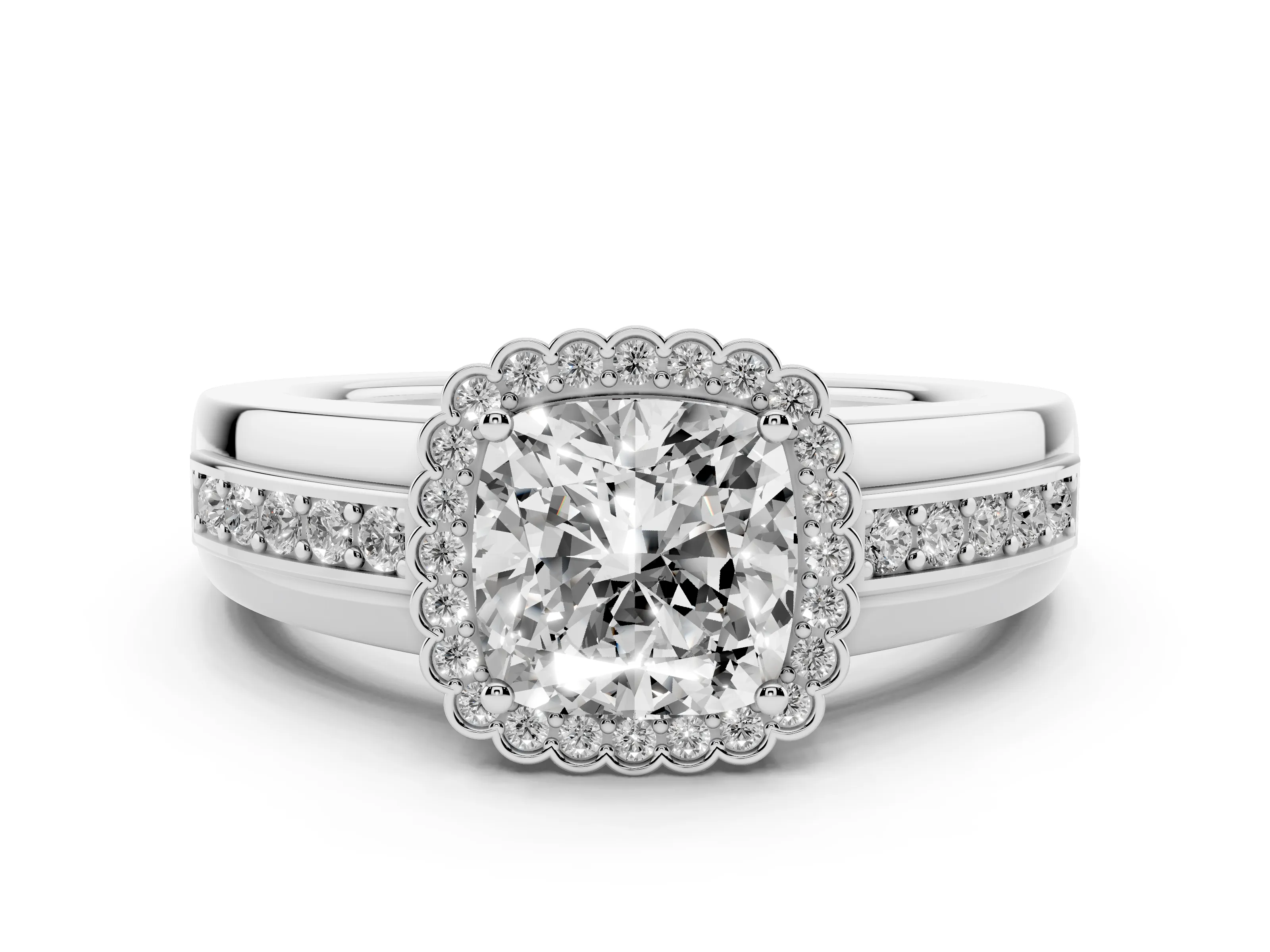 Cushion Cut Diamond Halo Prong Ring Set in Platinum with Pavé Band