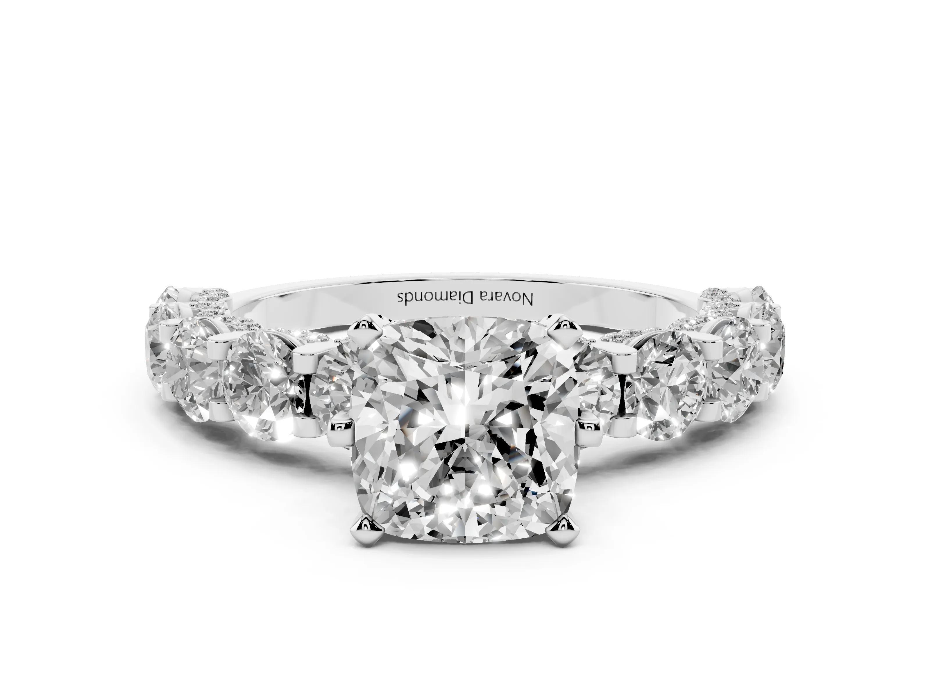 Cushion Cut Diamond Side Stone Ring Set in Silver with Alternating Round and Oval Side Stones