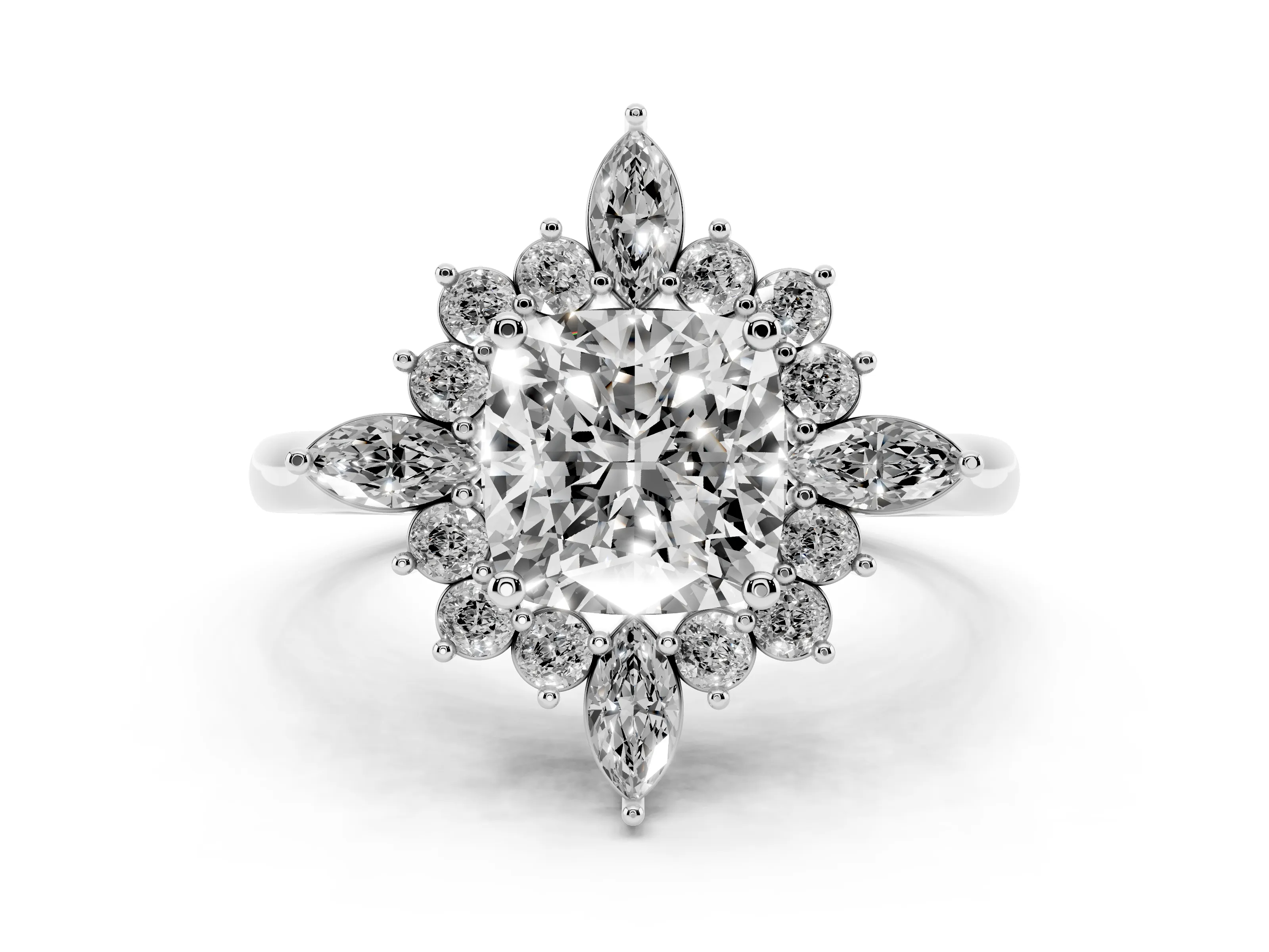 Cushion Cut Diamond Cluster Halo Ring Set in Platinum with Marquise and Round Accents