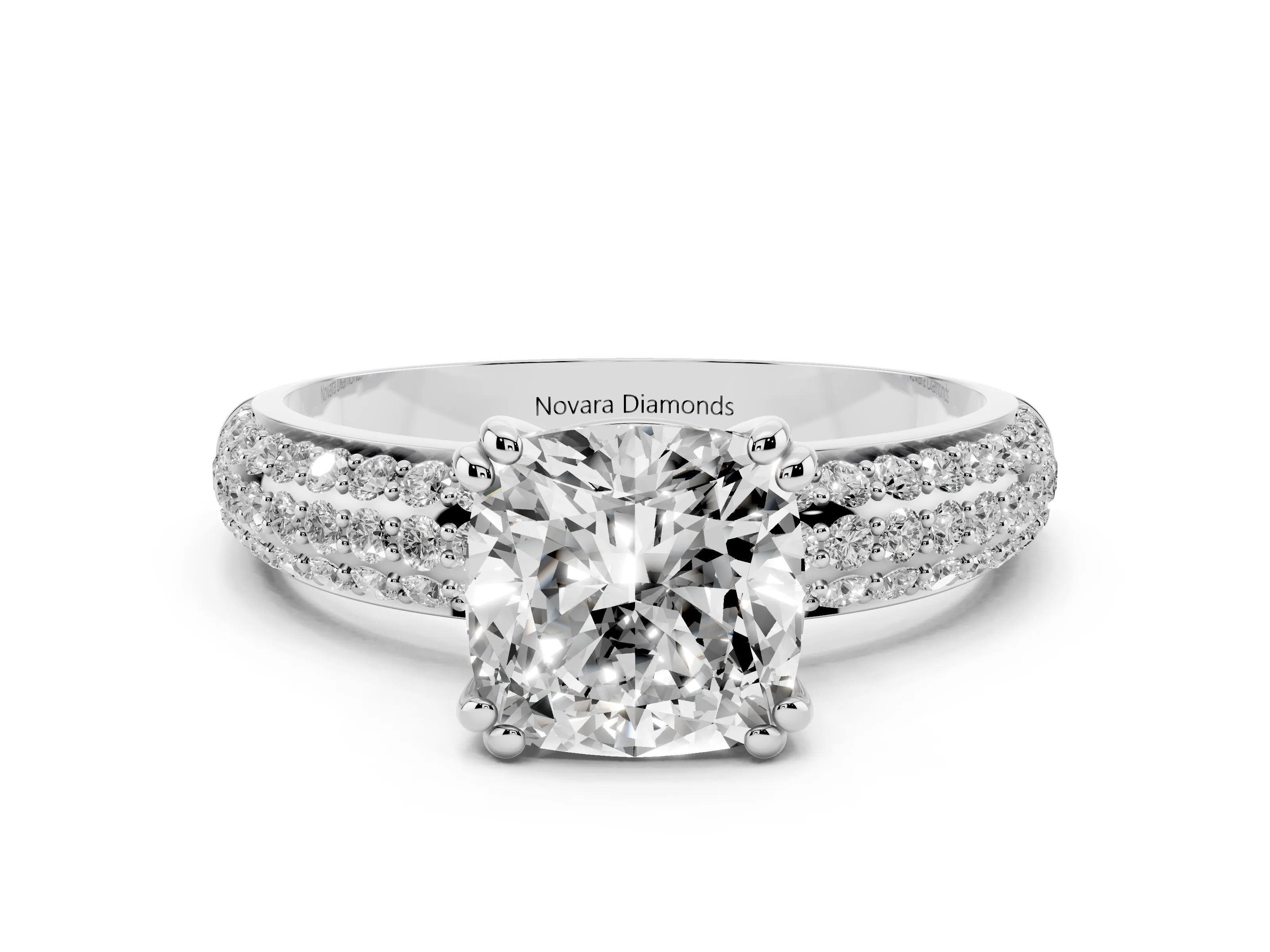Cushion Cut Diamond Solitaire Ring Set in White gold with Multi-Row Round Pavé Band and Prong Setting