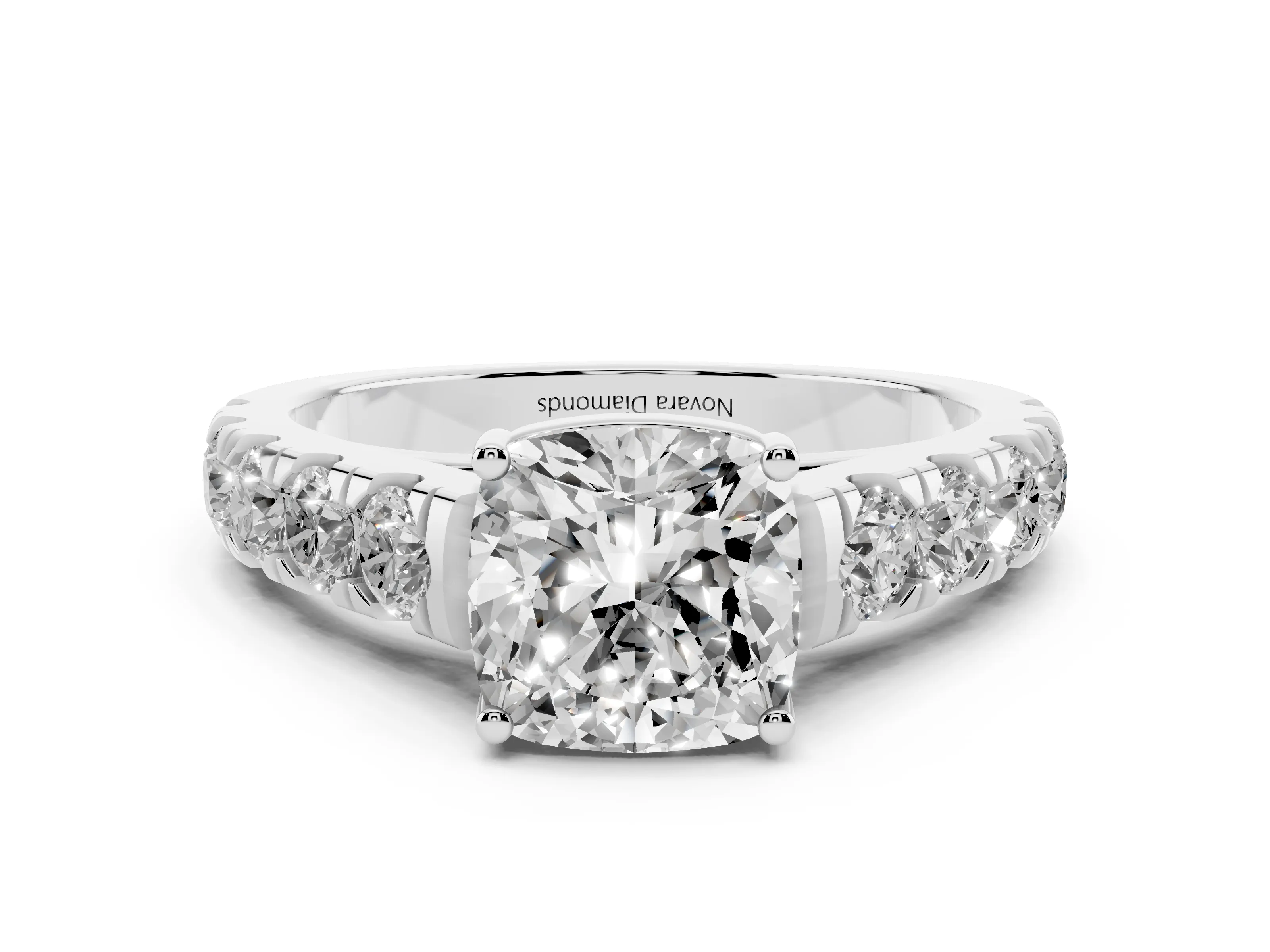 Cushion Cut Diamond Solitaire Ring Set in Platinum with Cut-Down Micro Pavé Band and Prong Setting