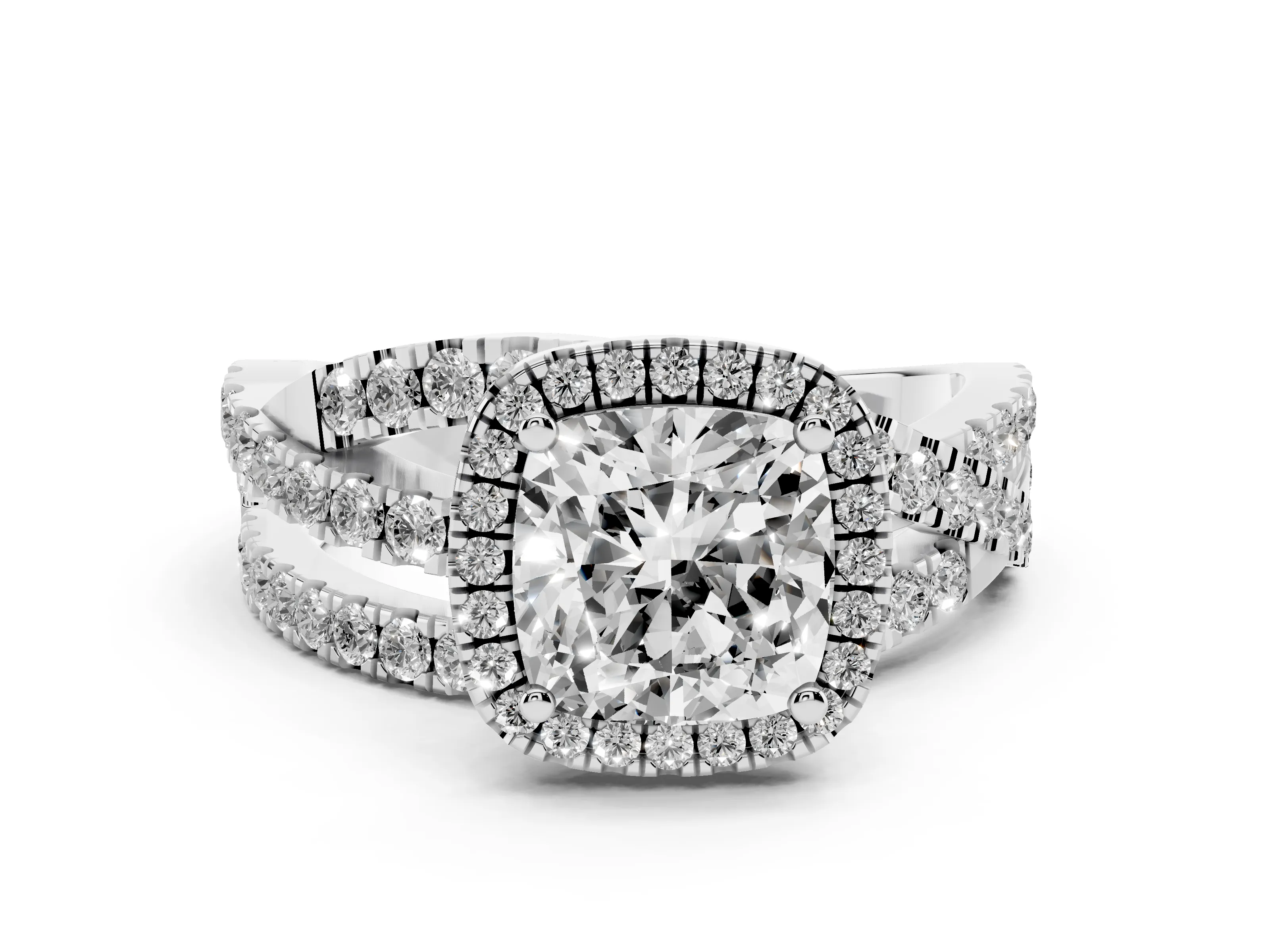 Cushion Cut Diamond Halo Ring Set in White gold with Round Crossover Split Shank and Prong Setting