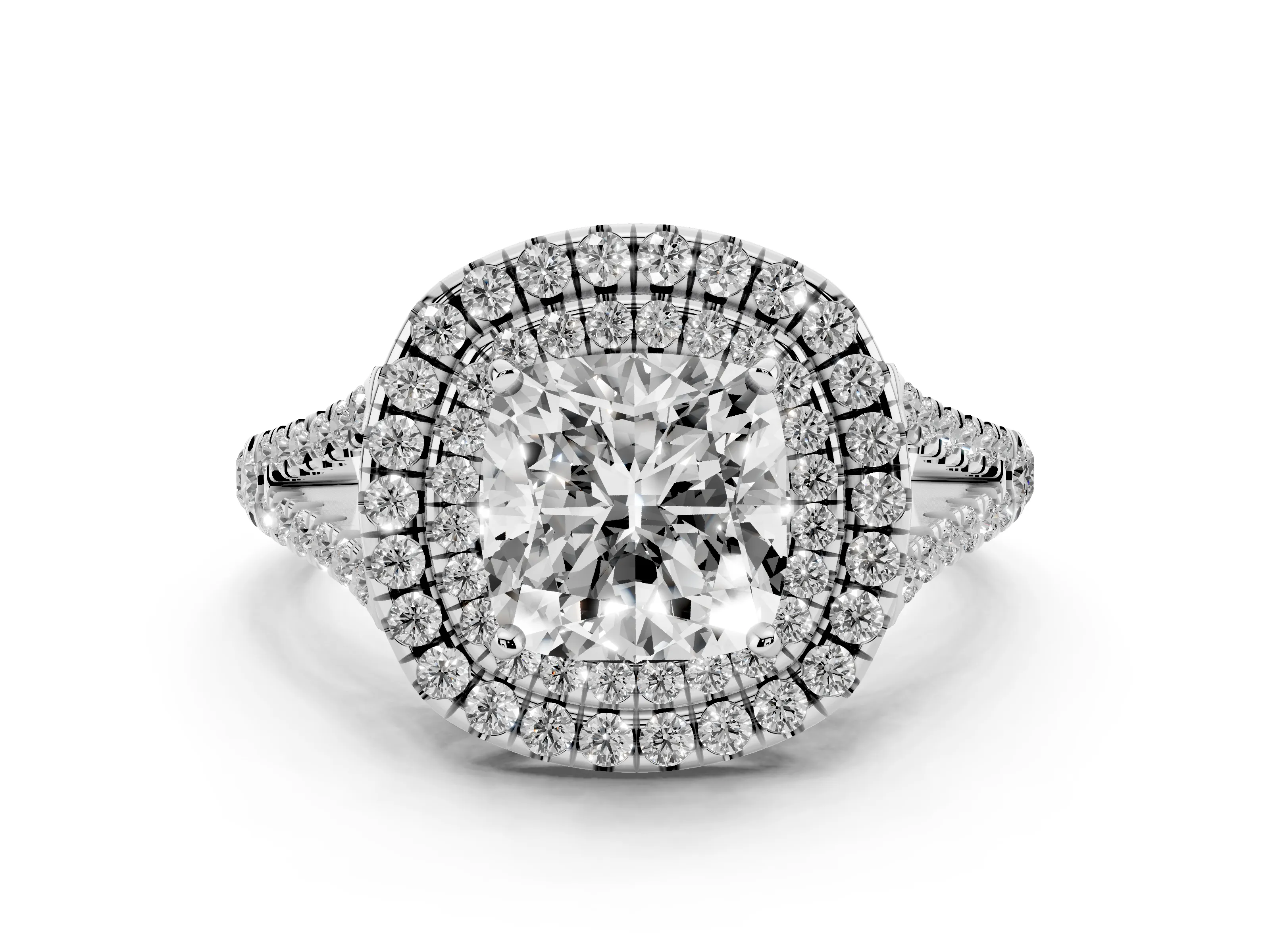 Cushion Cut Diamond Double Halo Ring Set in Platinum with Pavé Band