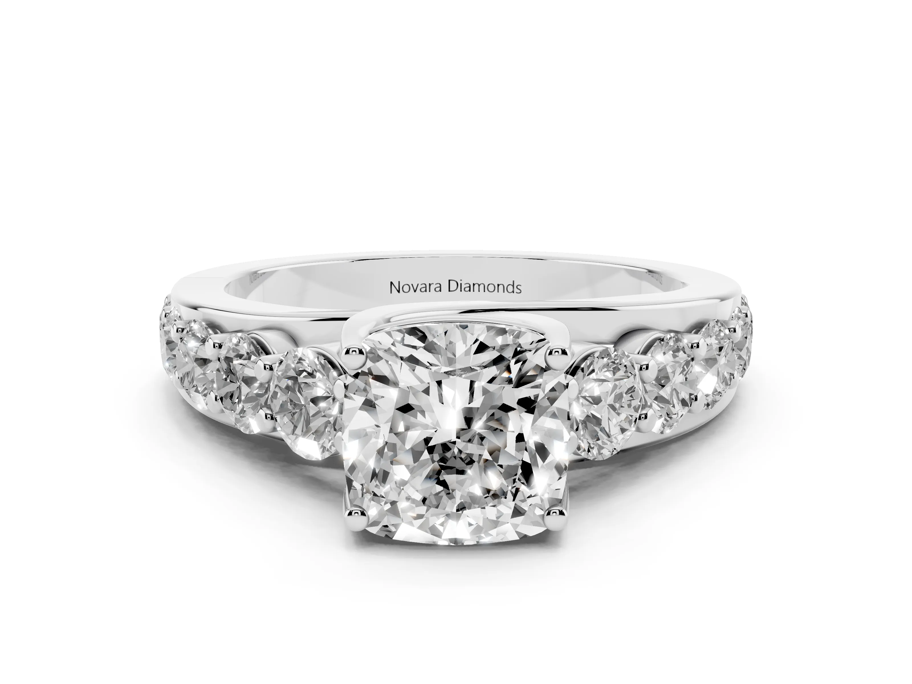 Cushion Cut Diamond Pavé Engagement Ring Set in Platinum with Prong Setting