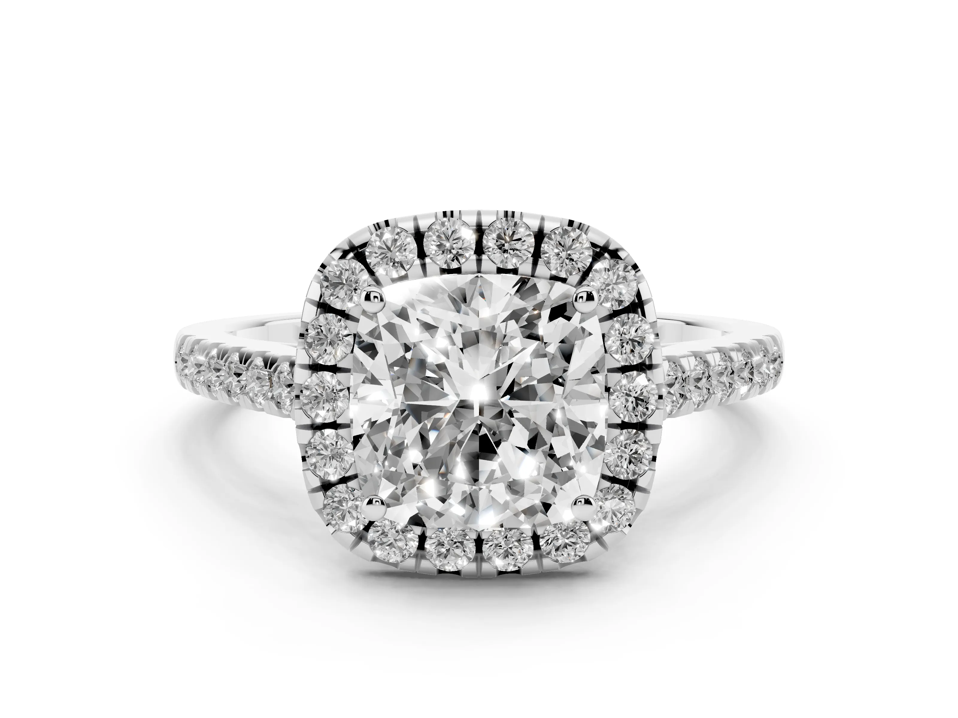 Cushion Cut Diamond Pavé Halo Engagement Ring Set in Silver with Pavé Band and Prong Setting