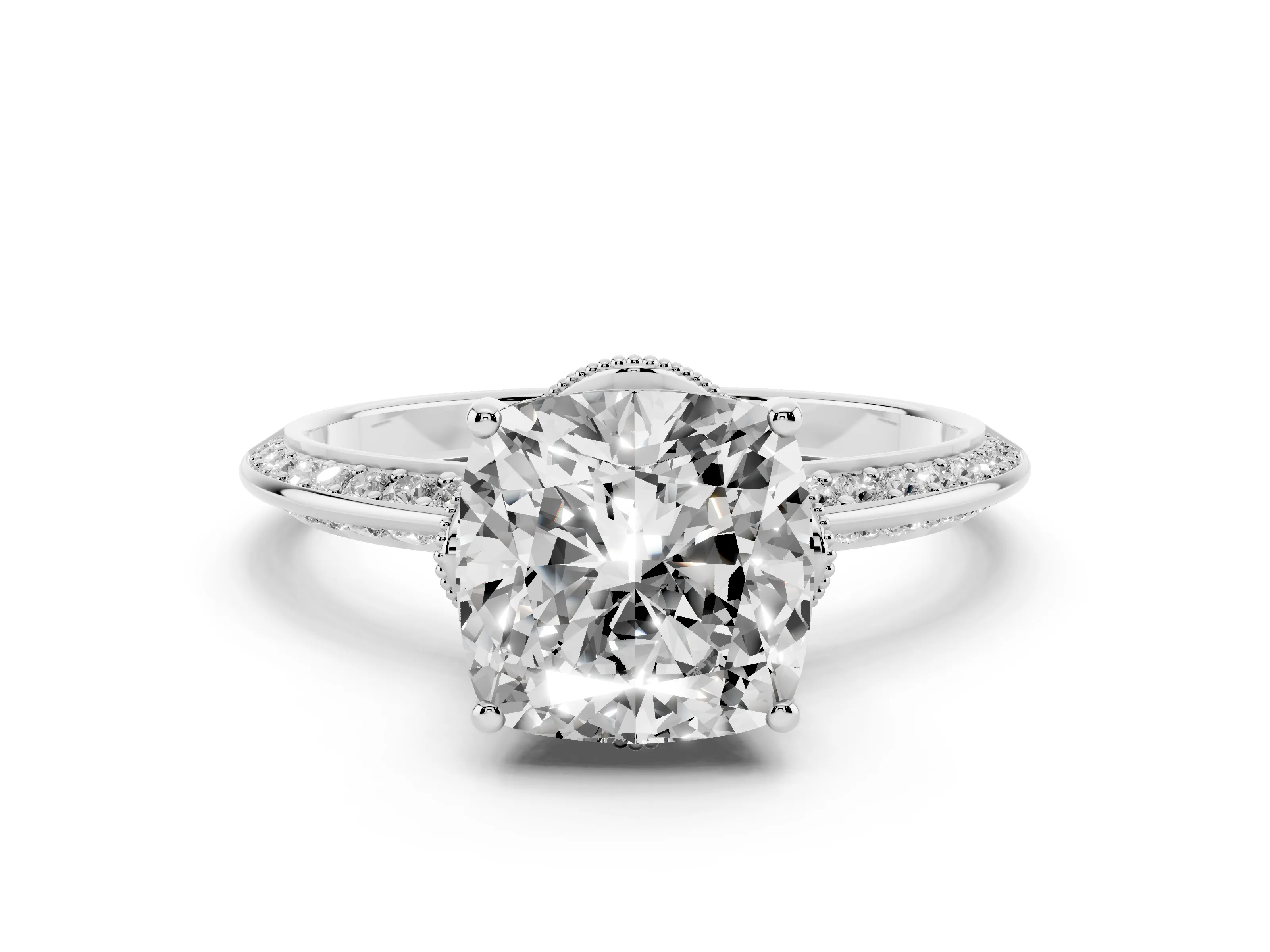 Cushion Cut Diamond Solitaire Engagement Ring Set in Platinum with Pavé Split Shank and Prong Setting