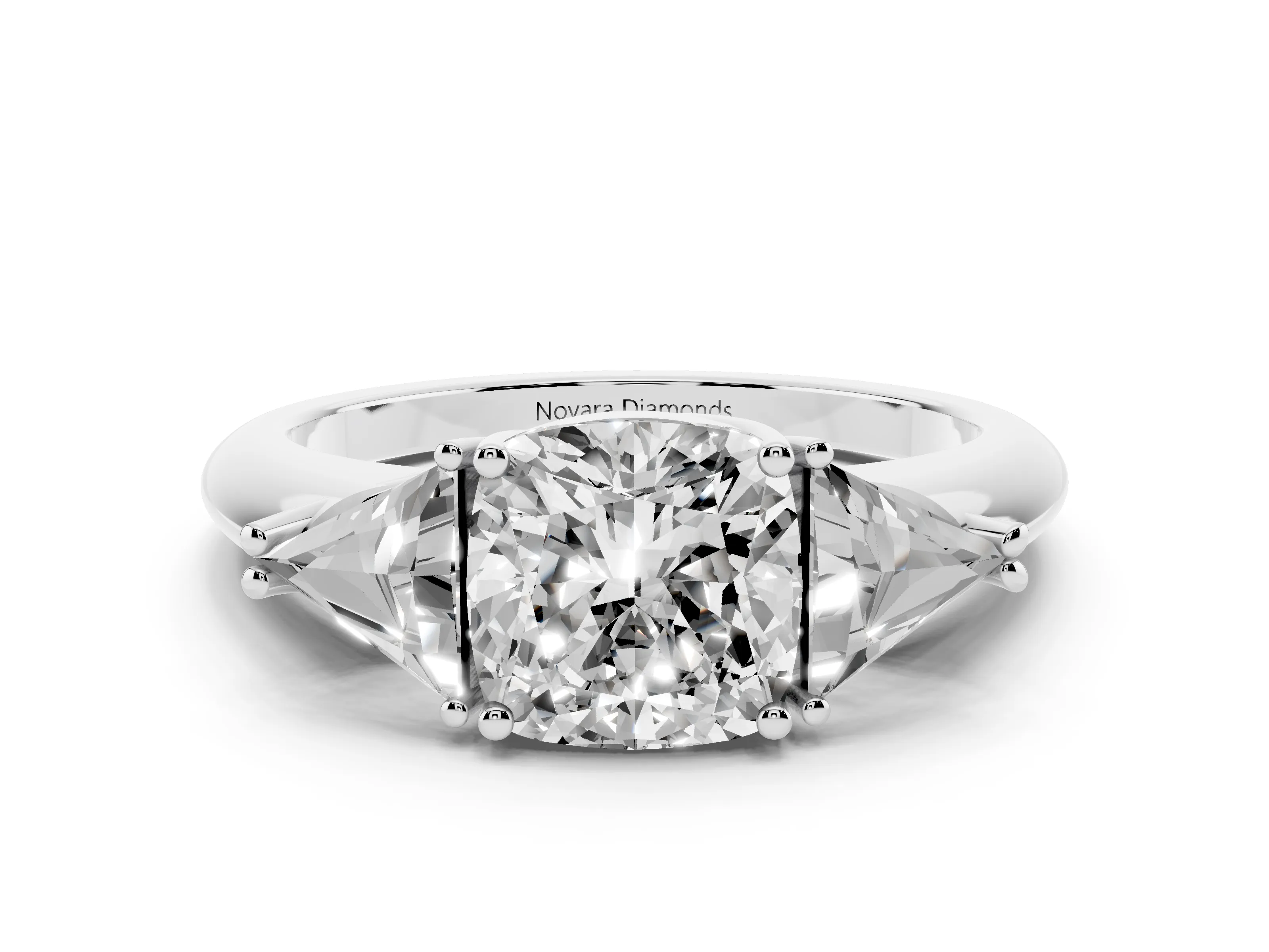 Cushion Cut Diamond Three-Stone Engagement Ring Set in White gold with Trillion Side Stones