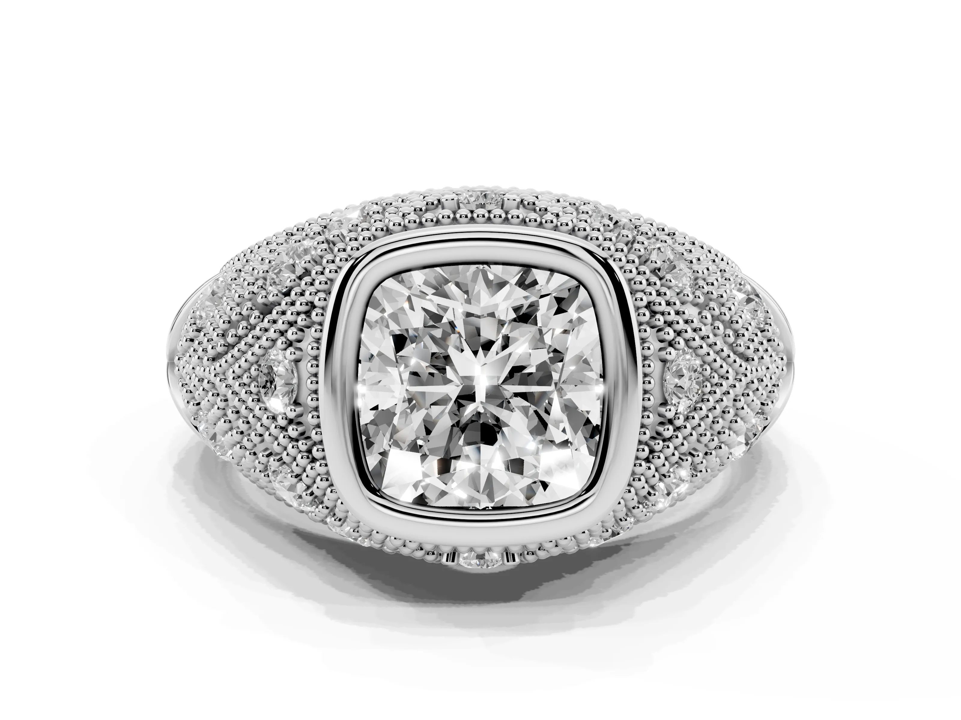 Cushion Cut Diamond Bezel Ring Set in Silver with Milgrain Accent Band