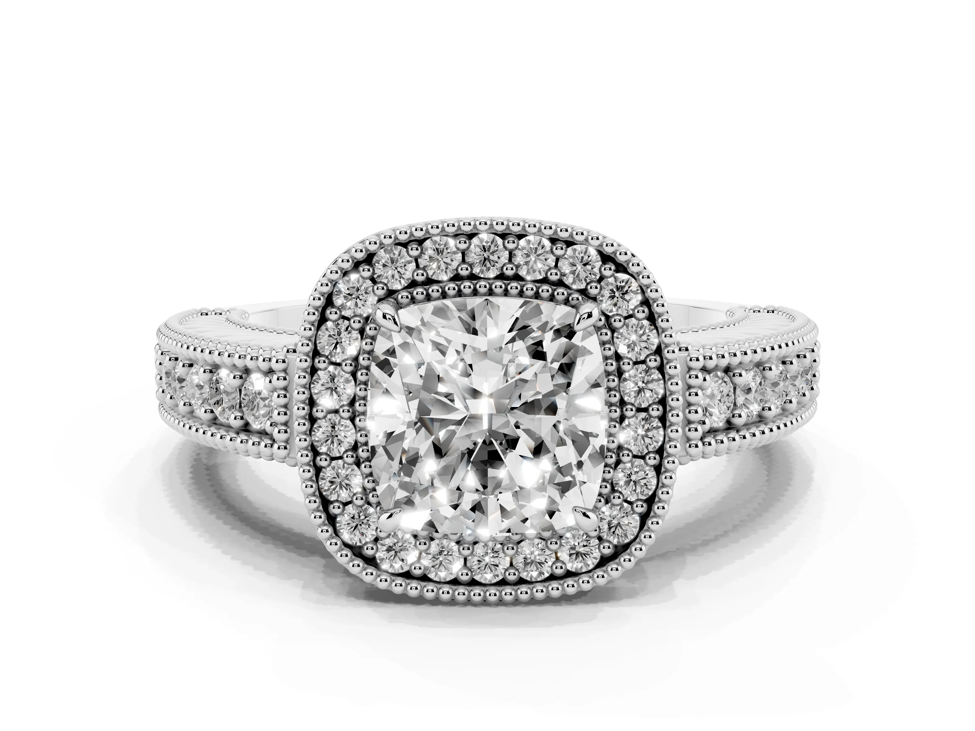 Cushion Cut Diamond Halo Ring Set in Platinum with Round Accent Halo, Pavé Band and Prong Setting
