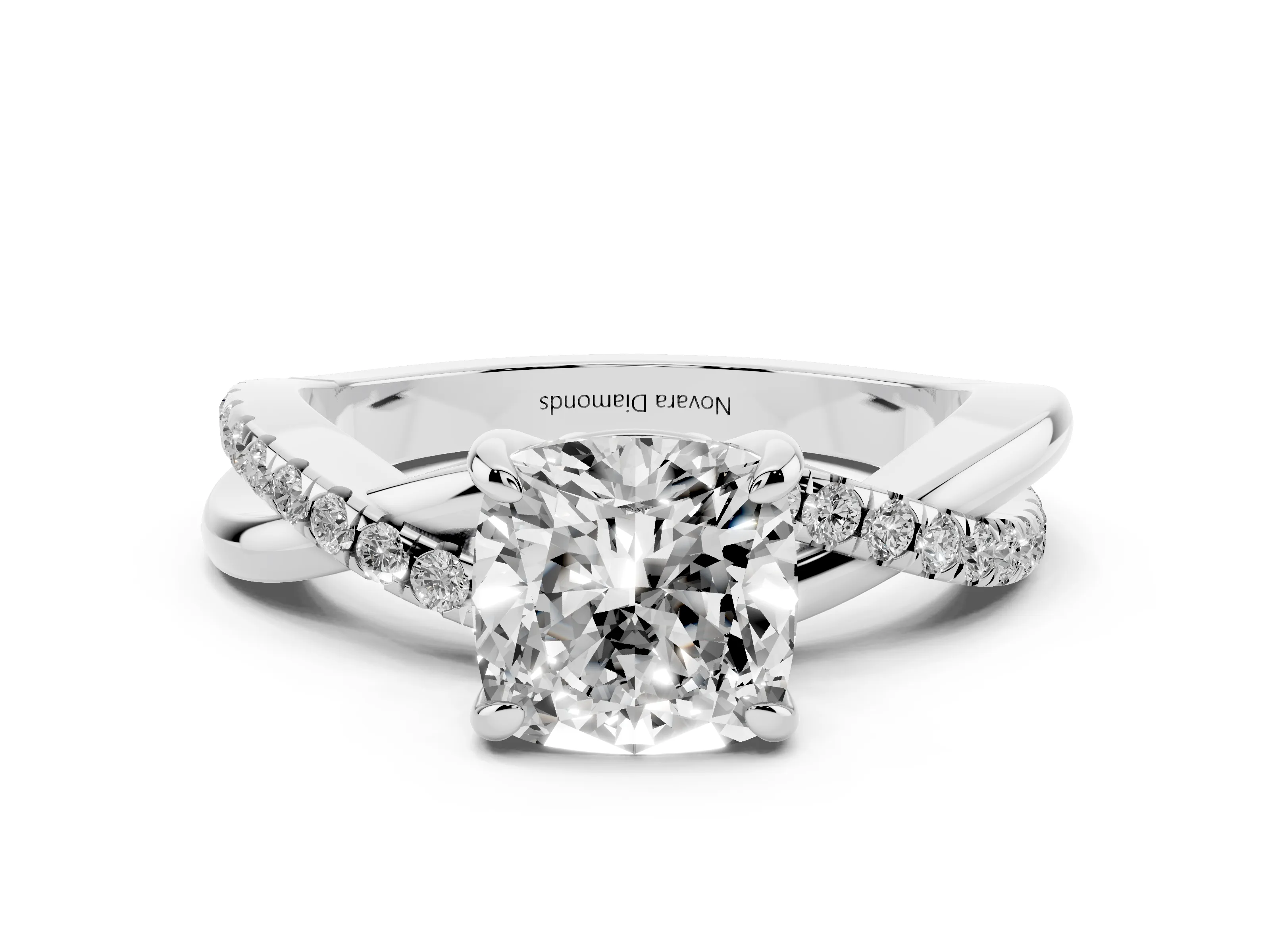 Cushion Cut Diamond Twist Band Pavé Solitaire Ring Set in Platinum with Prong Setting
